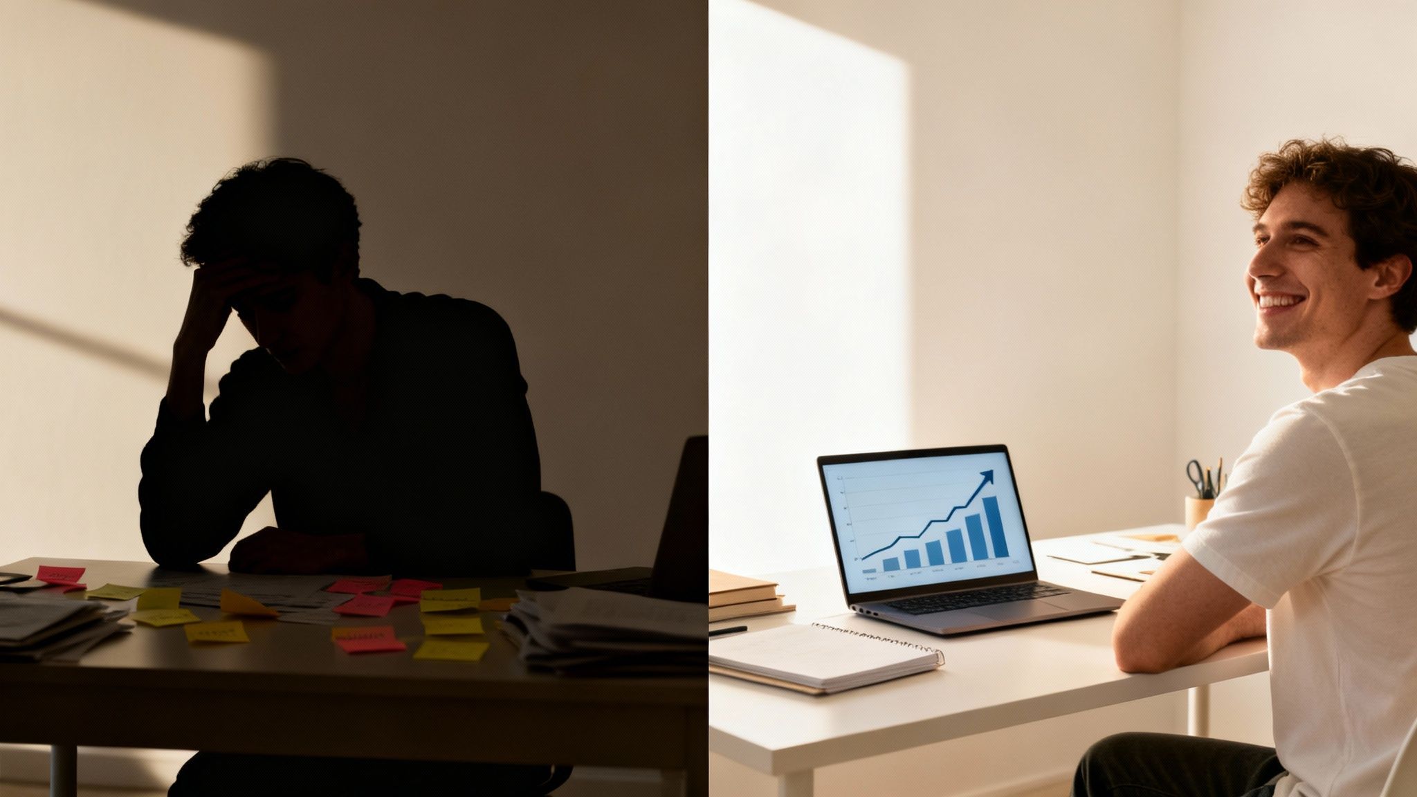 Split image showing a person stressed in dark versus happy looking at a success graph.