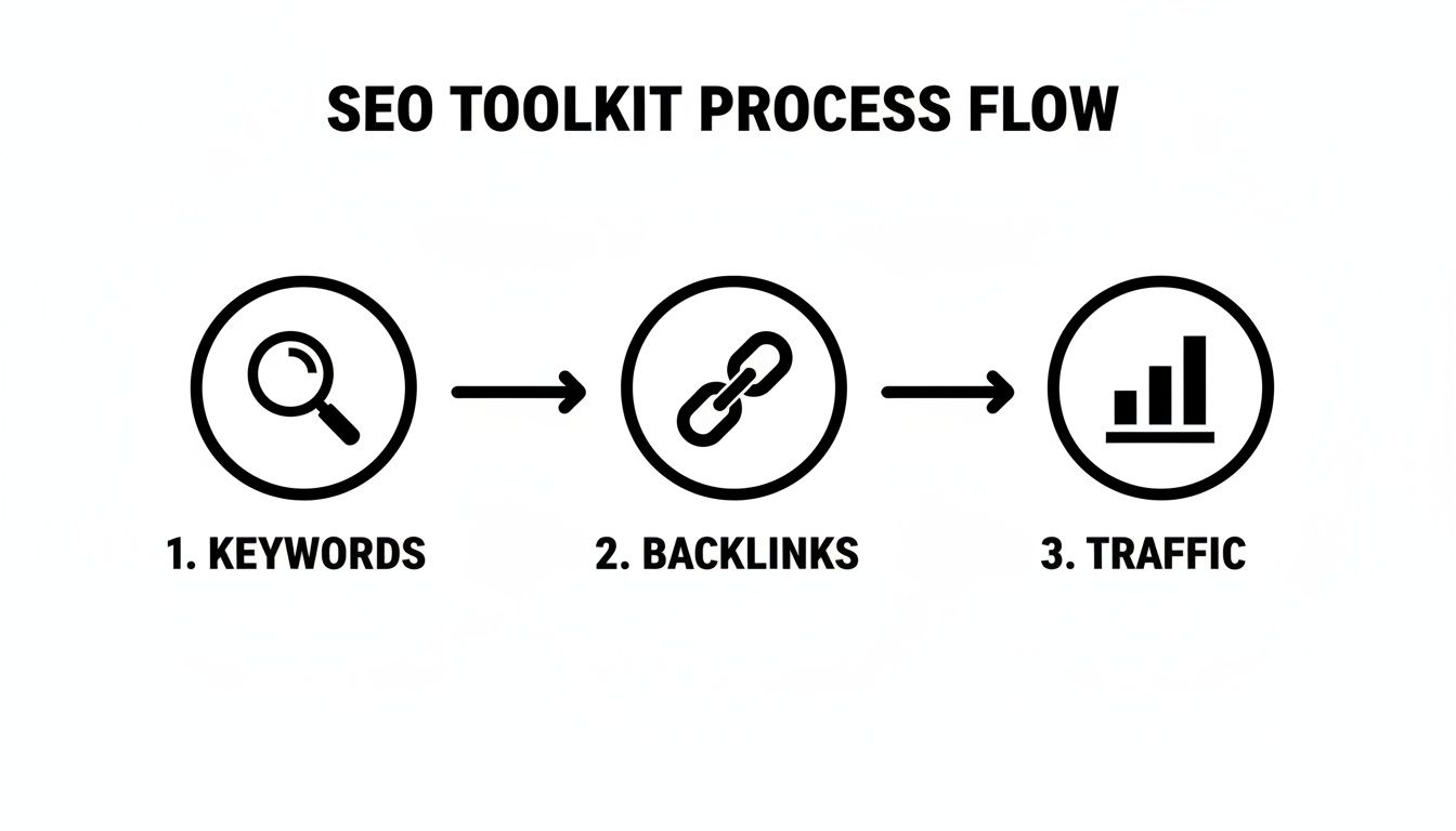 A flowchart showing the SEO toolkit process: Keywords, Backlinks, and Traffic, connected by arrows.