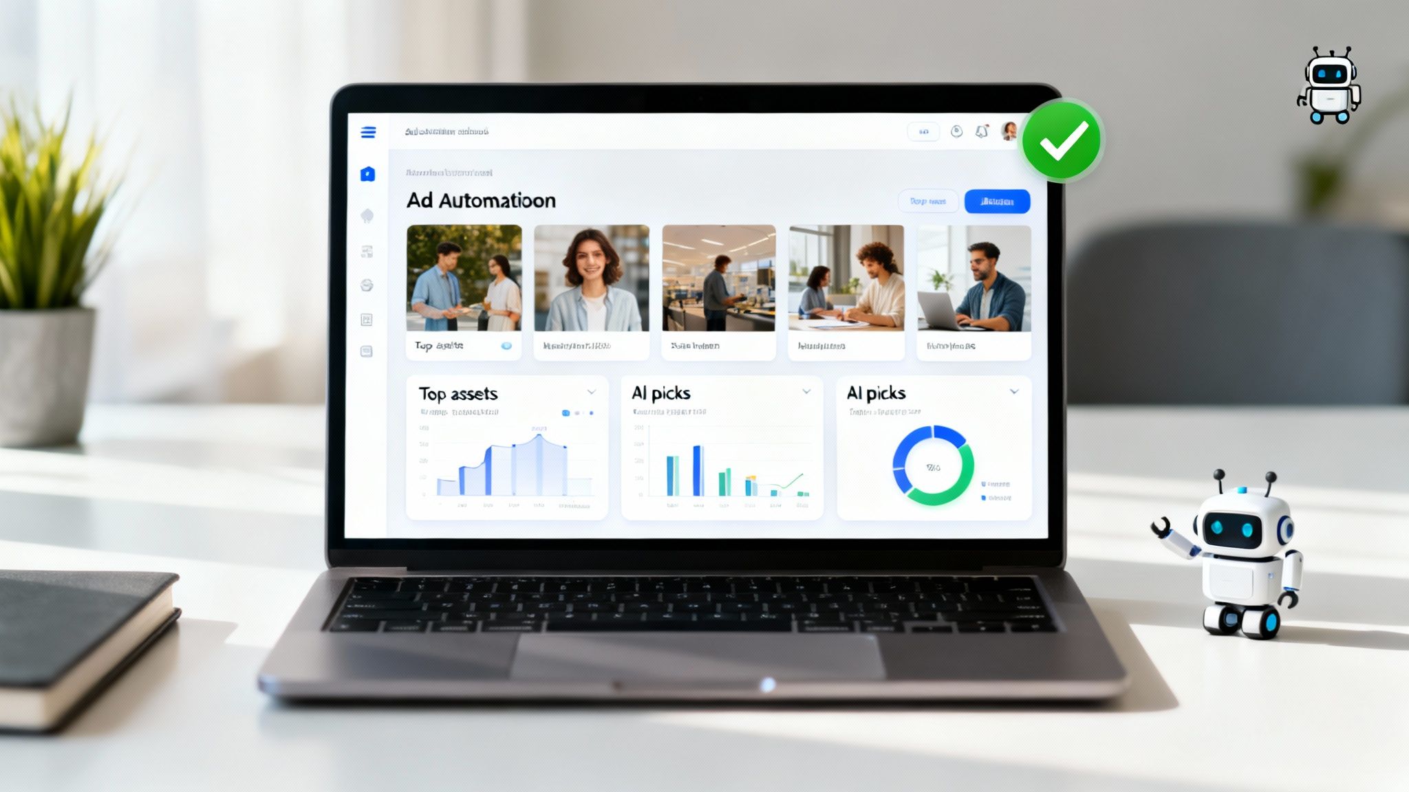 A modern laptop screen displays an "Ad Automation" dashboard with charts, assets, and AI picks, accompanied by robot icons.