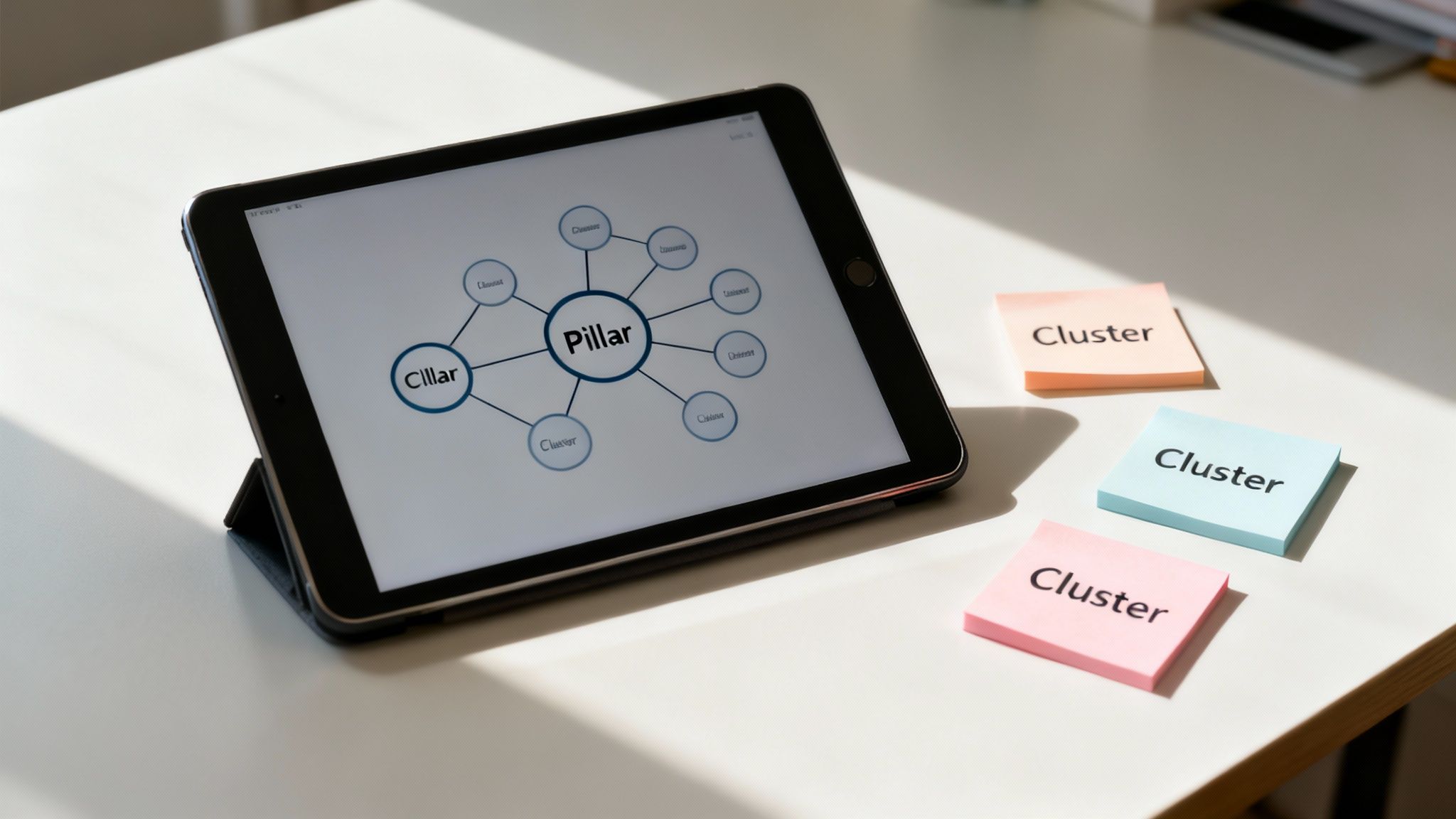 An illustration showing a central pillar content idea branching out into several smaller cluster content pieces, representing the topic cluster model.