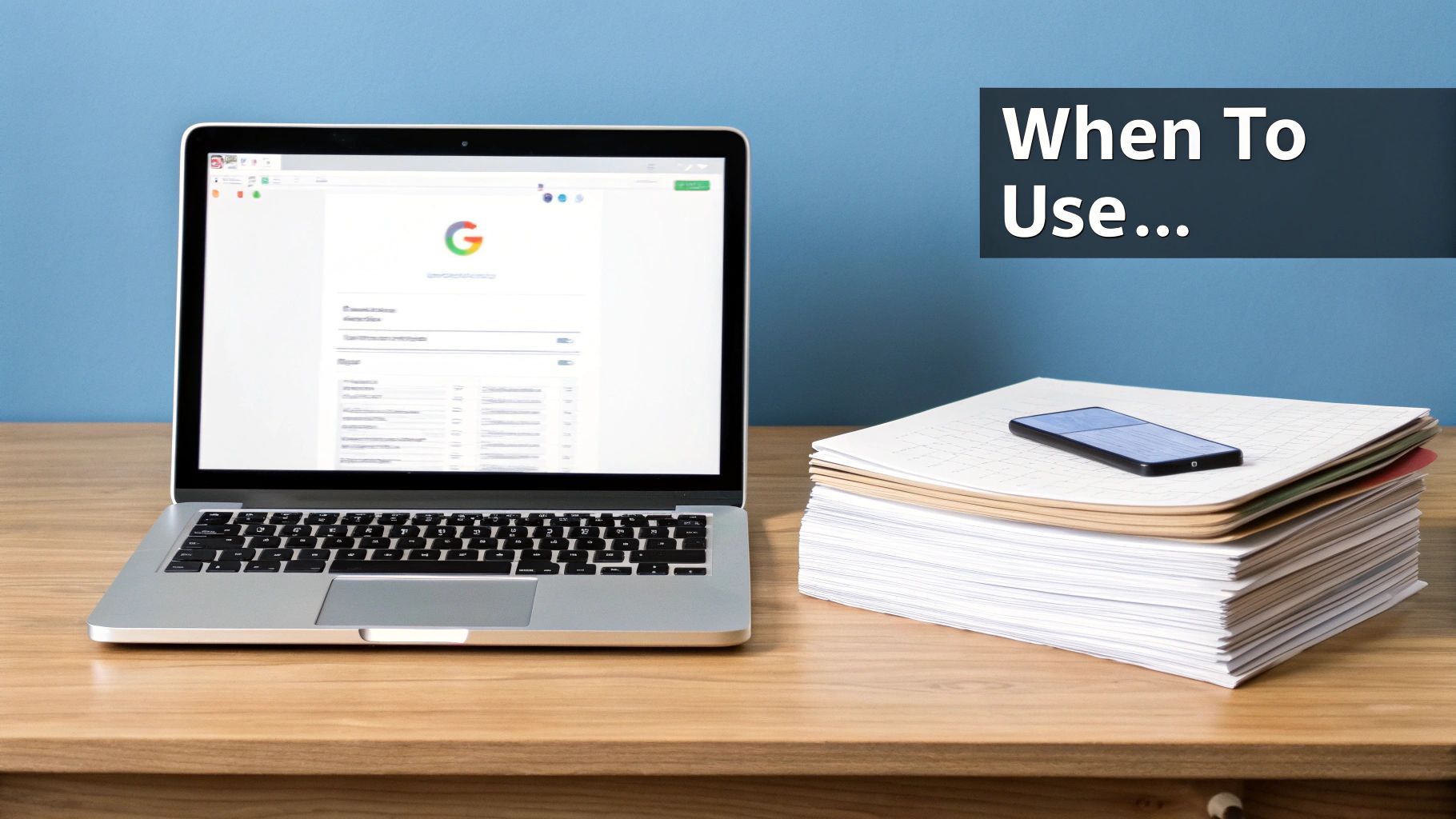 A laptop displaying a Google form interface next to a stack of papers and a smartphone on a wooden desk.