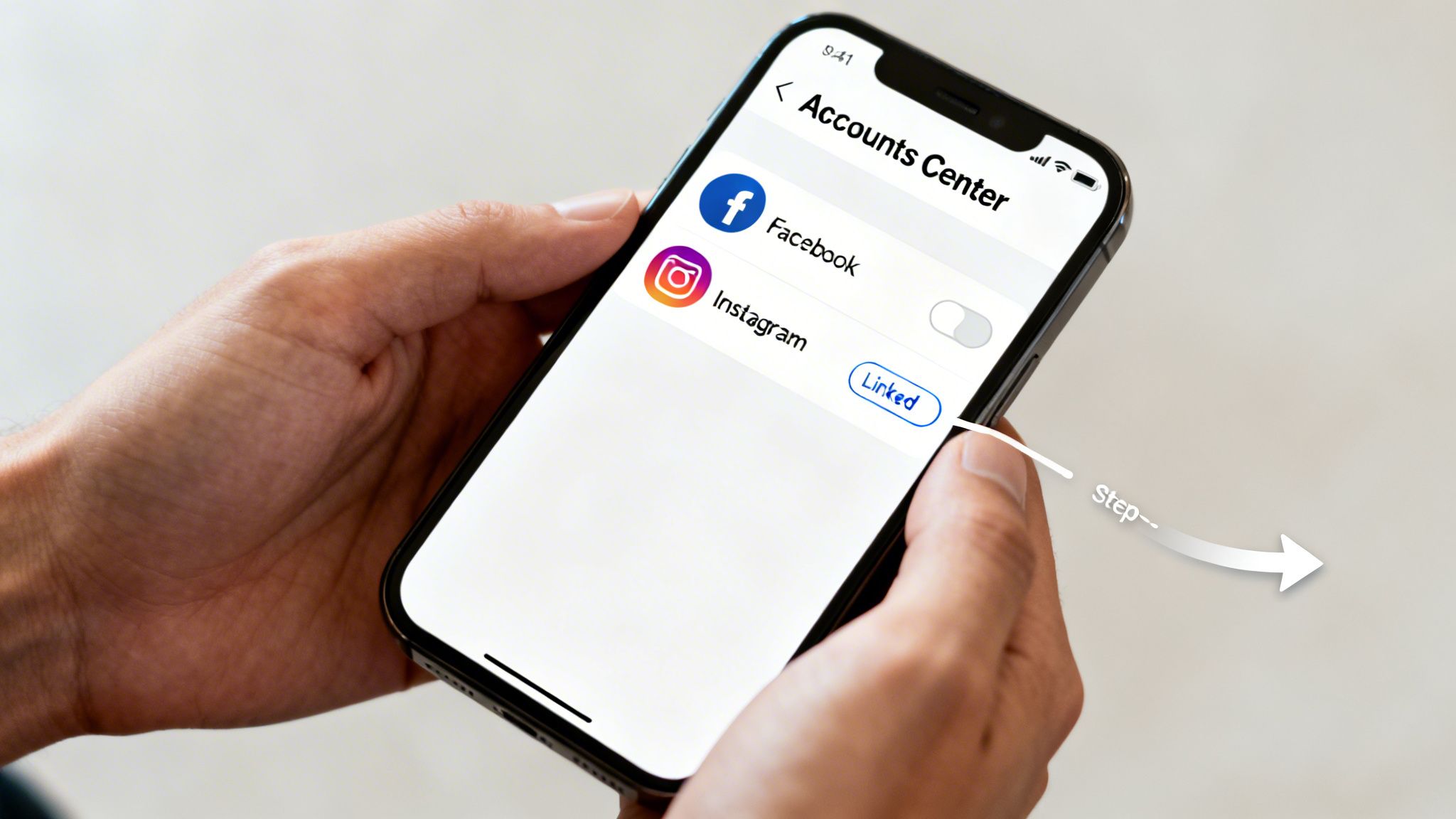 A person holds a smartphone displaying the Accounts Center screen with Facebook and Instagram options, showing 'Linked' for Instagram.