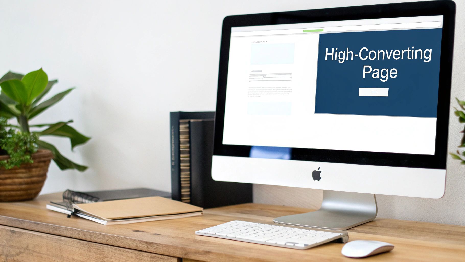 A modern workspace featuring an Apple iMac displaying a 'High-Converting Page' on a wooden desk.