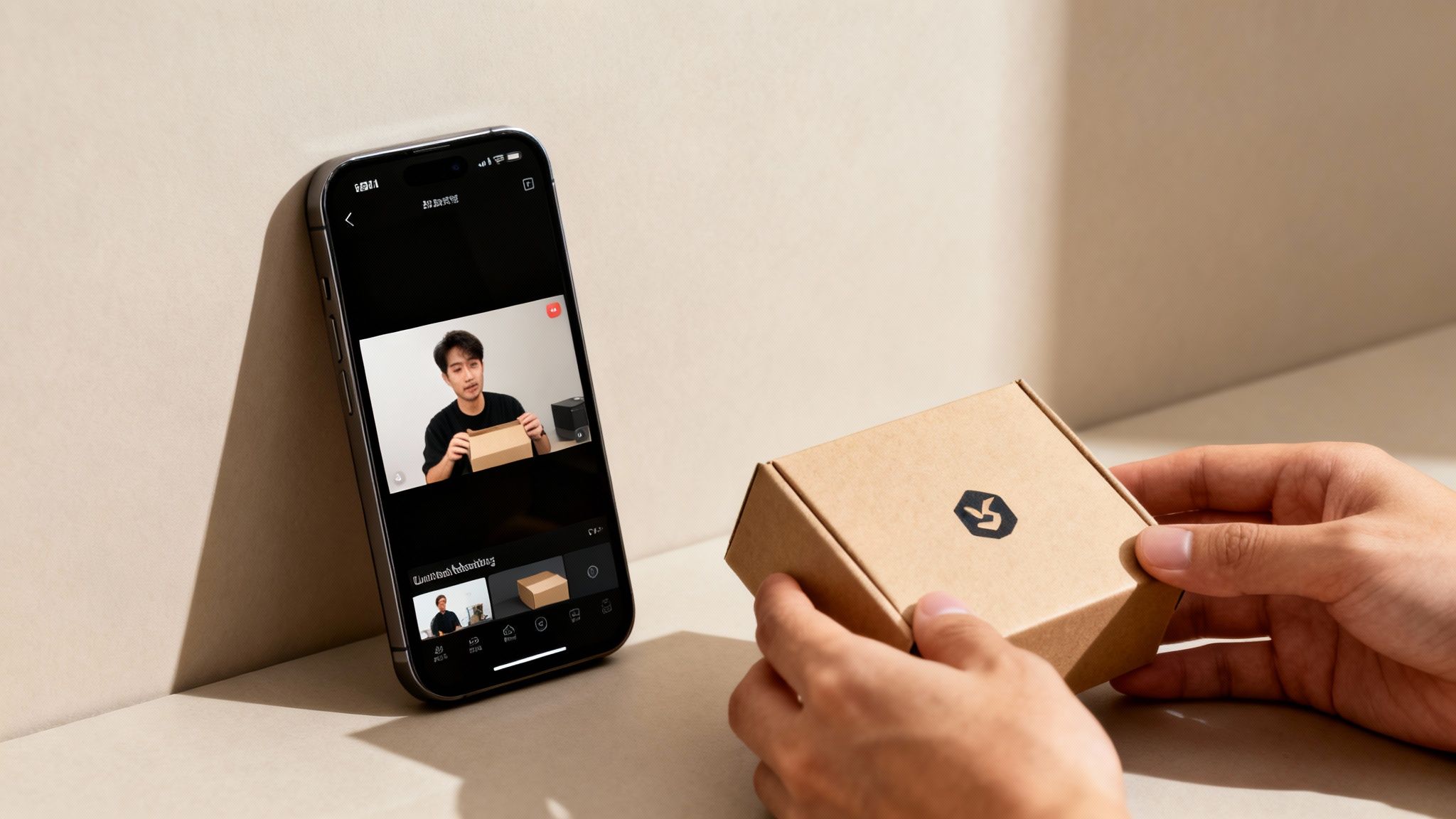 Hands hold a branded brown box next to an iPhone playing a product unboxing video.