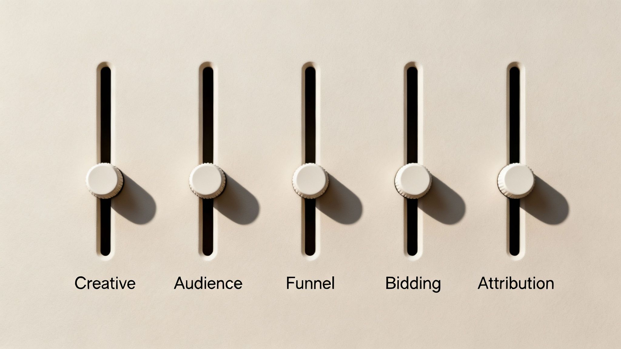 Five marketing concept faders with labels: Creative, Audience, Funnel, Bidding, Attribution, on a light background.