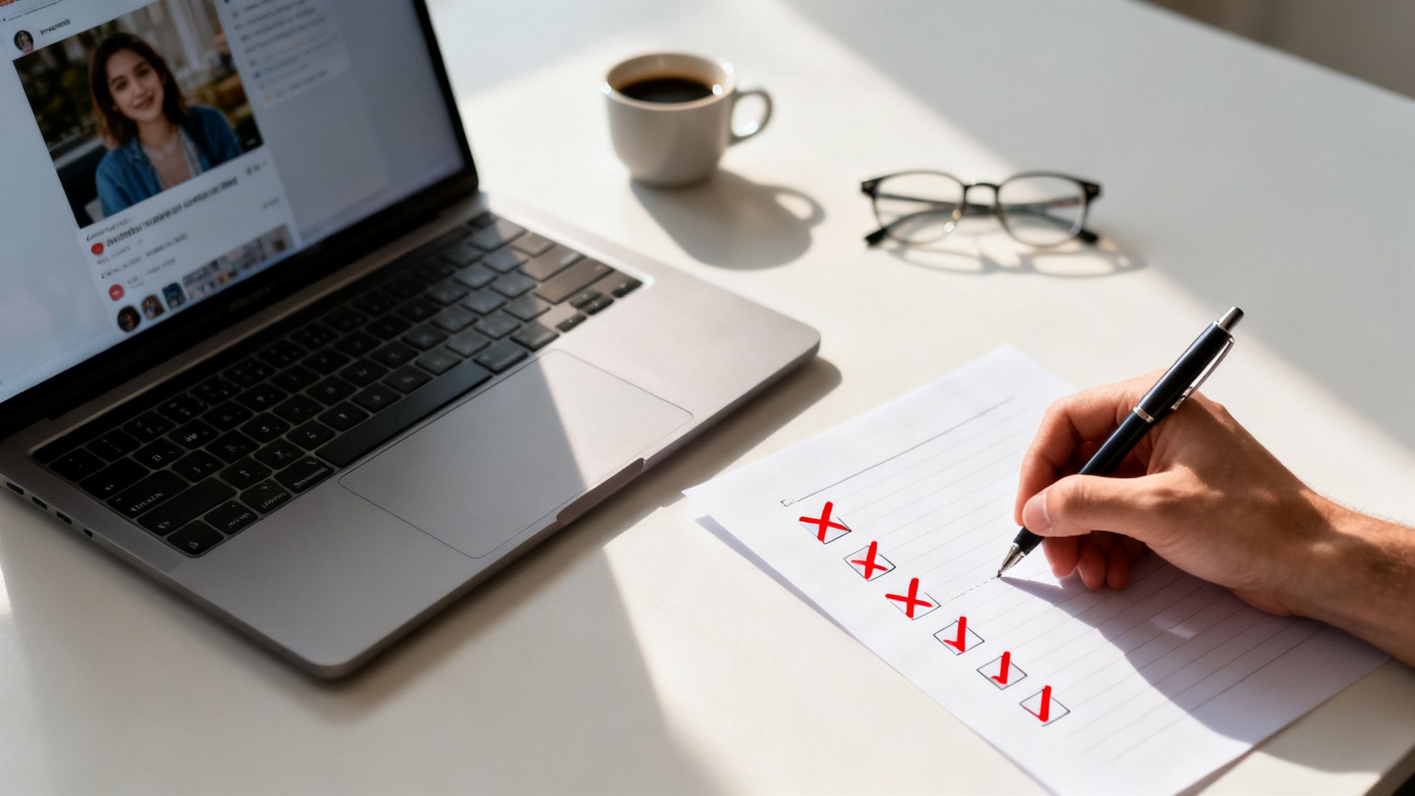 A hand marks a checklist on a white desk with a laptop, coffee, and glasses nearby.