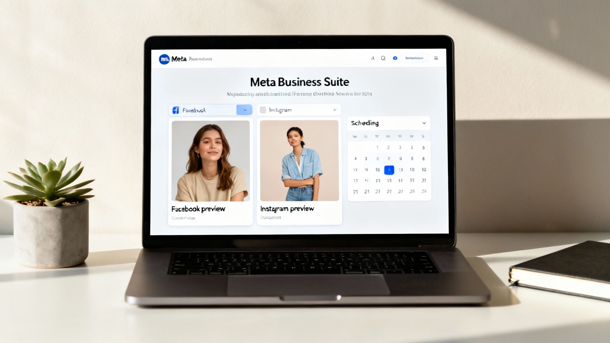 A laptop displays the Meta Business Suite dashboard with Facebook and Instagram post previews, and a calendar.