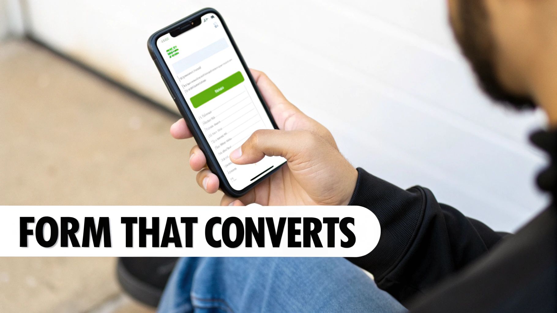 A person holds a smartphone displaying an online intake form with a green submit button.