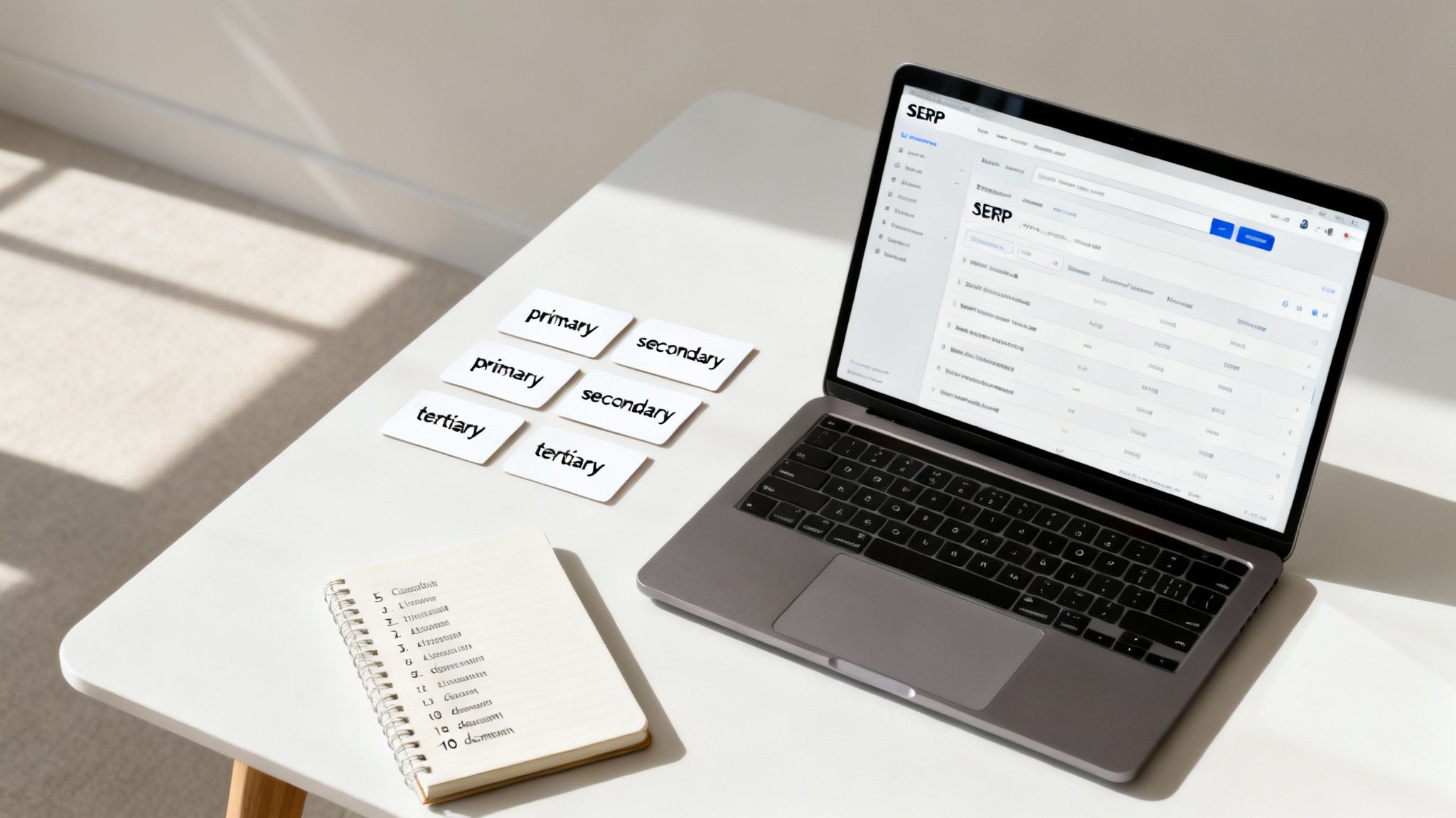 A laptop showing a SERP interface, flashcards with primary, secondary, tertiary labels, and a notebook.