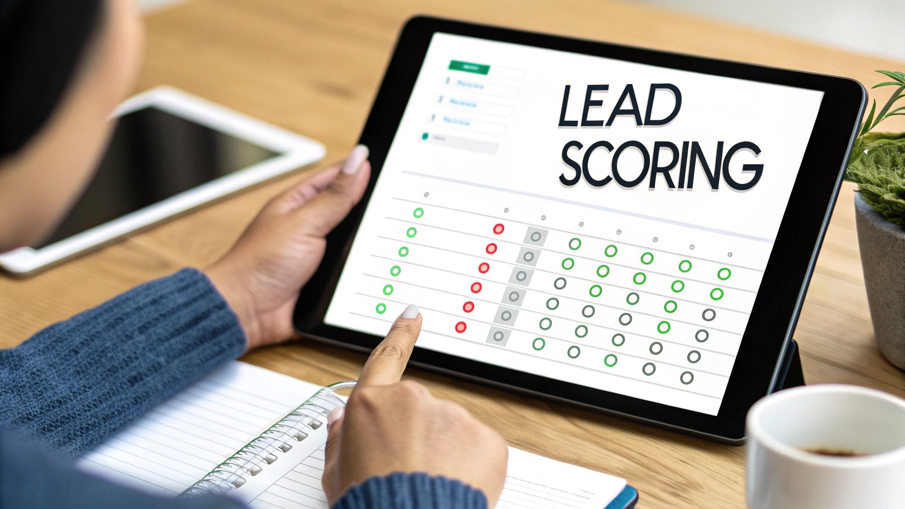 A person uses a tablet displaying a 'Lead Scoring' application with a grid of scores.