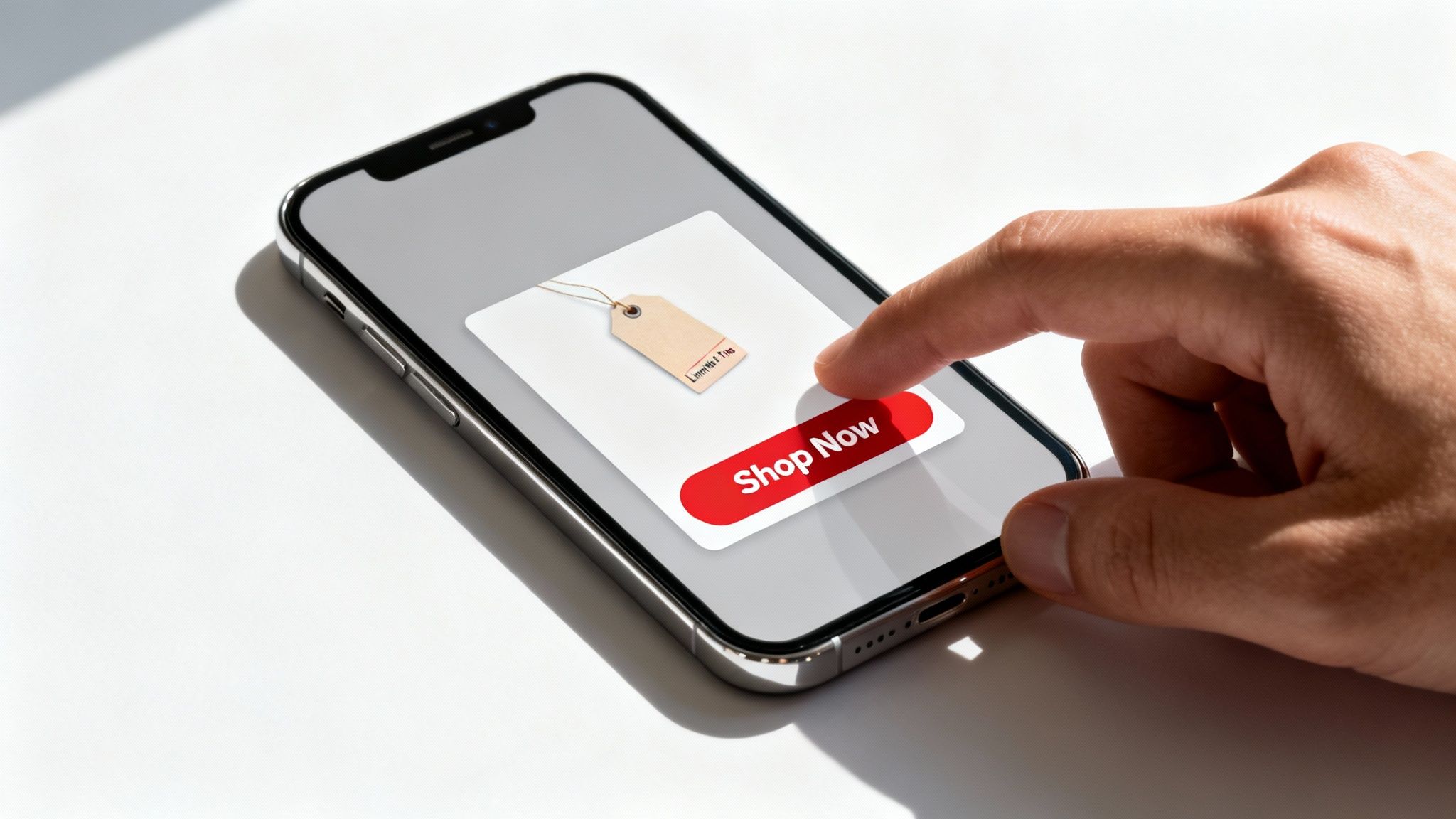 A hand's finger is about to tap a red 'Shop Now' button on a smartphone screen.