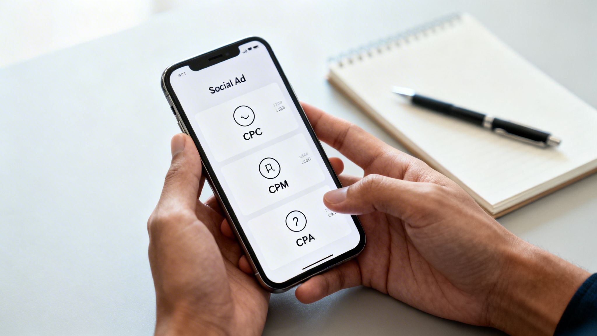 A person holds a smartphone displaying social ad options like CPC, CPM, and CPA, with a notebook in the background.