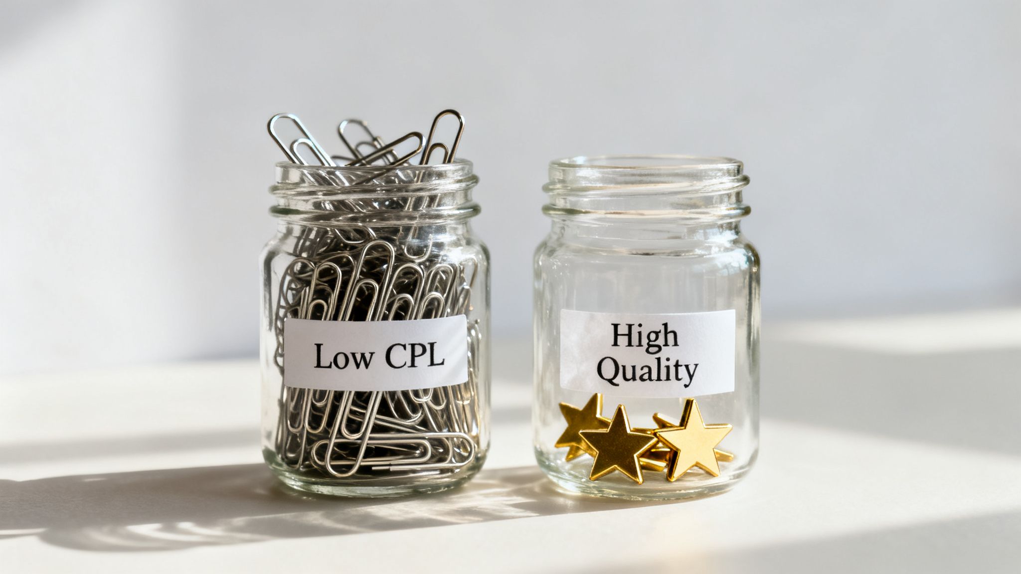 Two jars symbolize business choices: one full of paper clips for 'Low CPL', the other with golden stars for 'High Quality'.