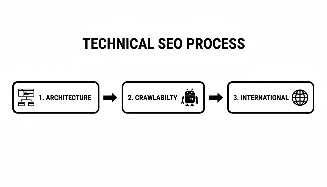 A diagram illustrating the technical SEO process with three steps: architecture, crawlability, and international.
