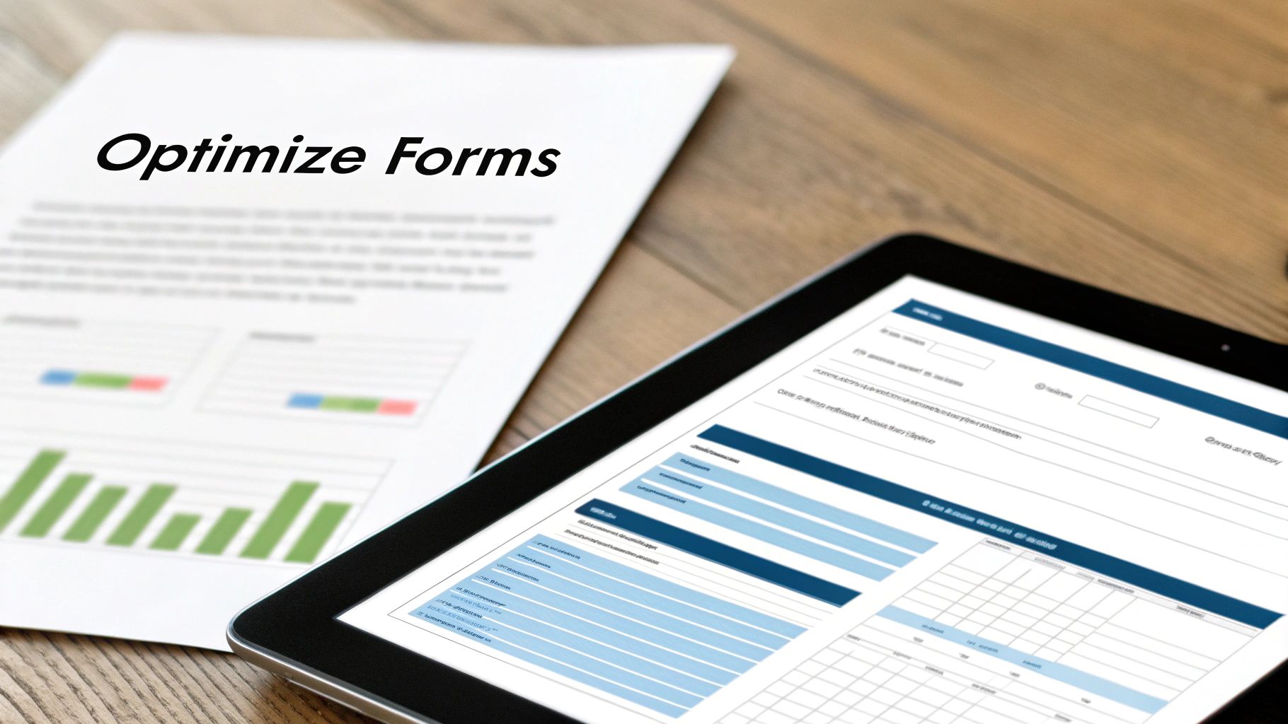A paper document with 'Optimize Forms' and charts, next to a tablet displaying a digital form.