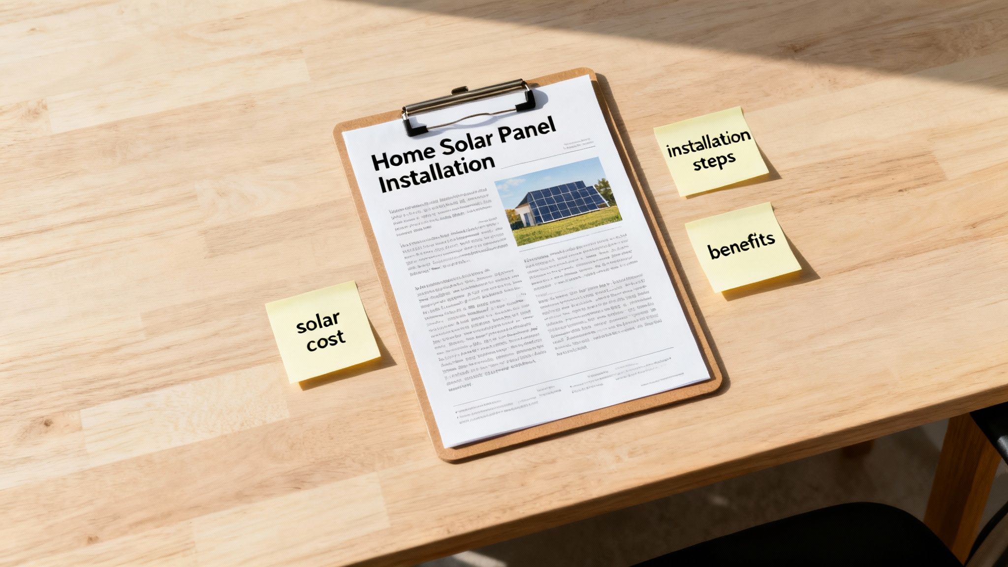 Document about home solar panel installation on a clipboard with sticky notes 'solar cost', 'installation steps', and 'benefits' on a wooden desk.
