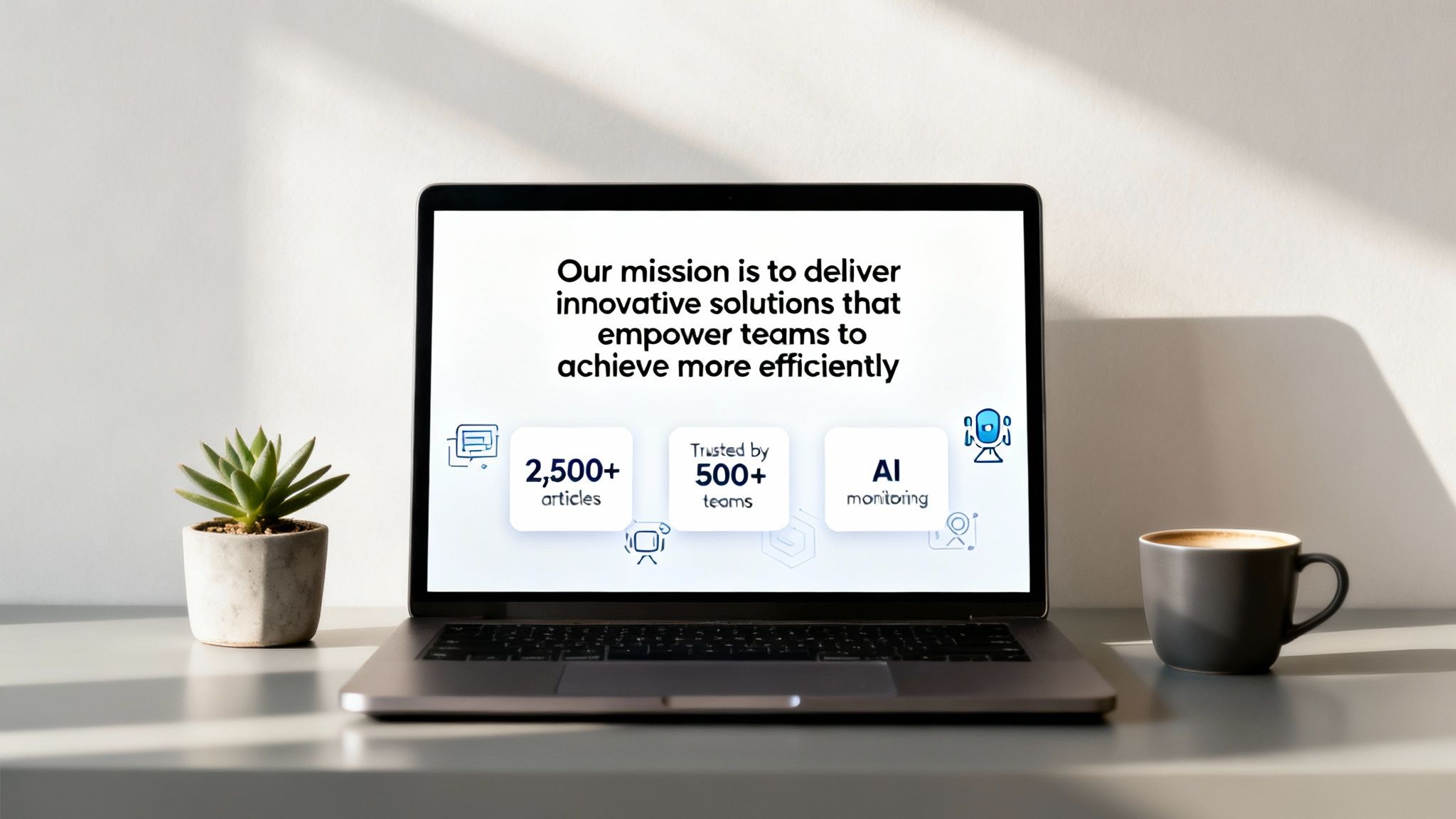 Laptop displaying a company's mission statement about empowering teams and key metrics.