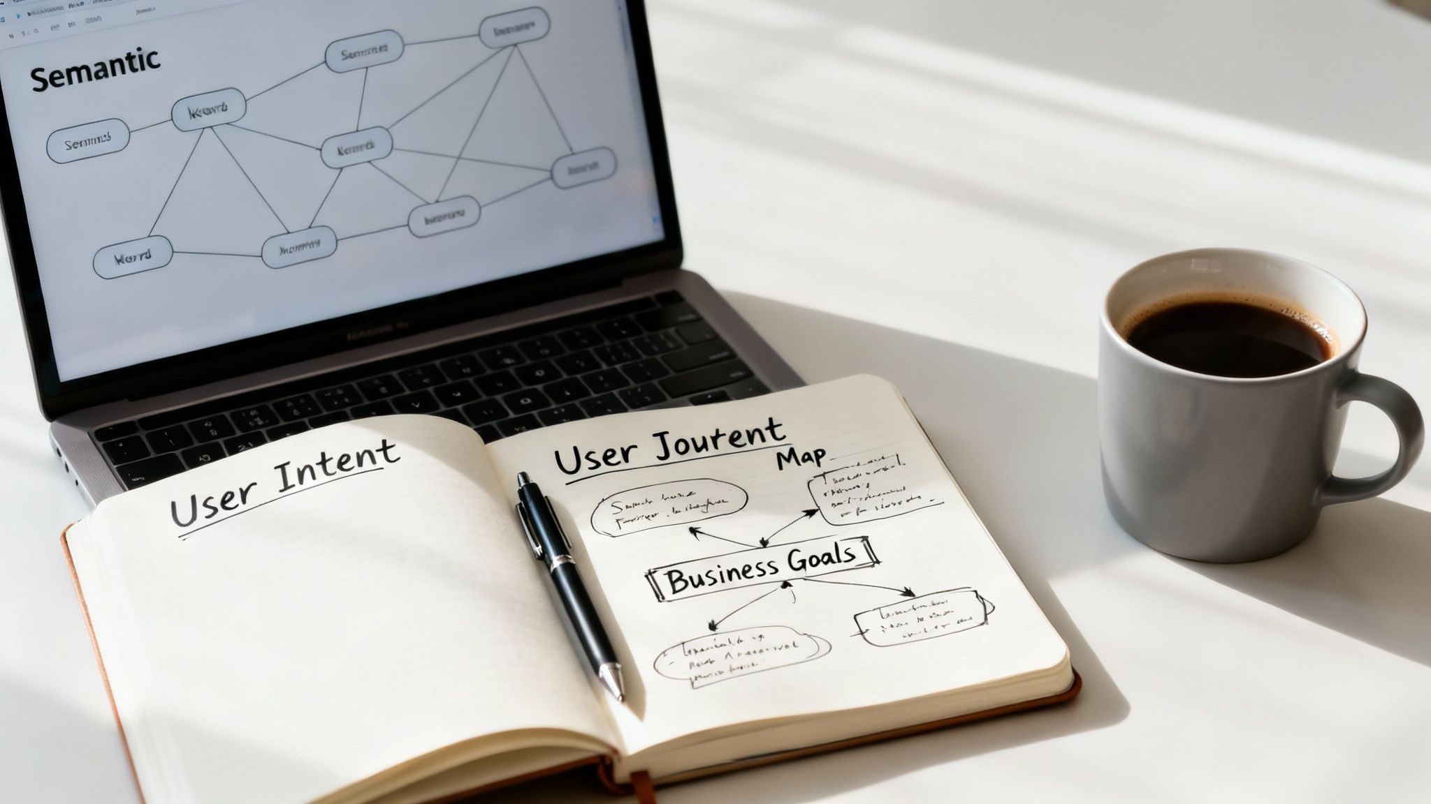 Laptop showing semantic network, a notebook with user intent and journey map, and a coffee cup on a desk.
