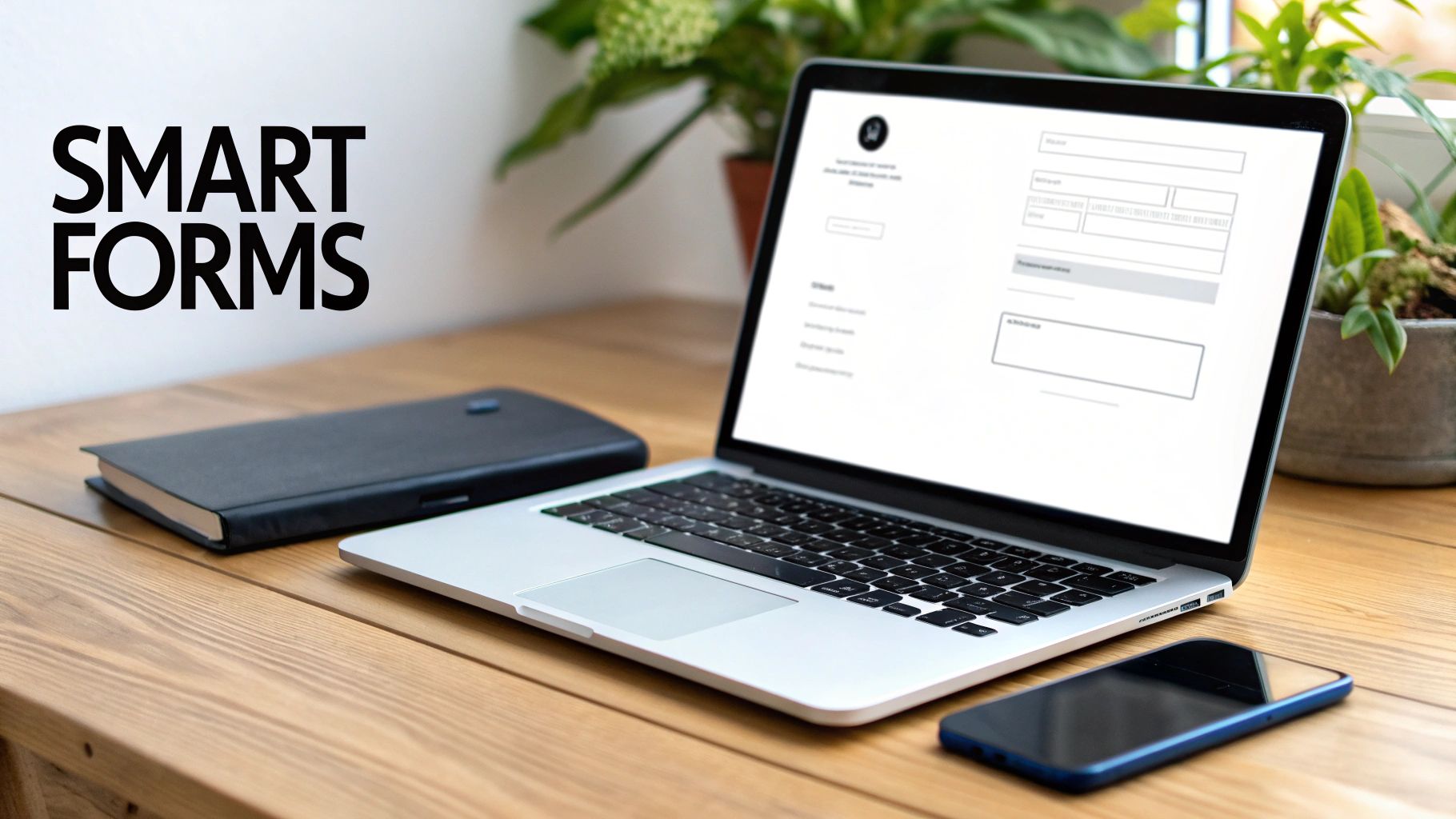 A laptop displaying a smart form on a wooden desk with a notebook, smartphone, and plants.