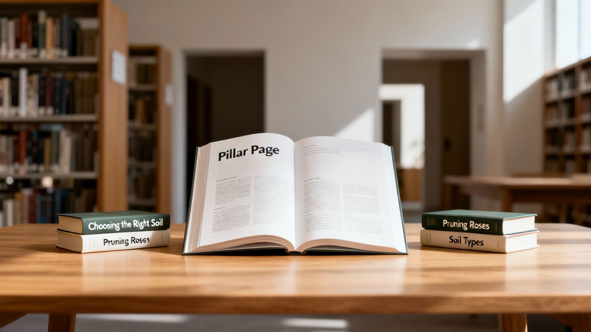 An open book, 'Pillar Page,' on a library table with gardening books 'Choosing the Right Soil' and 'Pruning Roses.'
