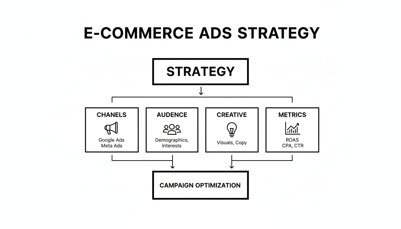 Flowchart detailing e-commerce ads strategy: channels, audience, creative, metrics, and campaign optimization.