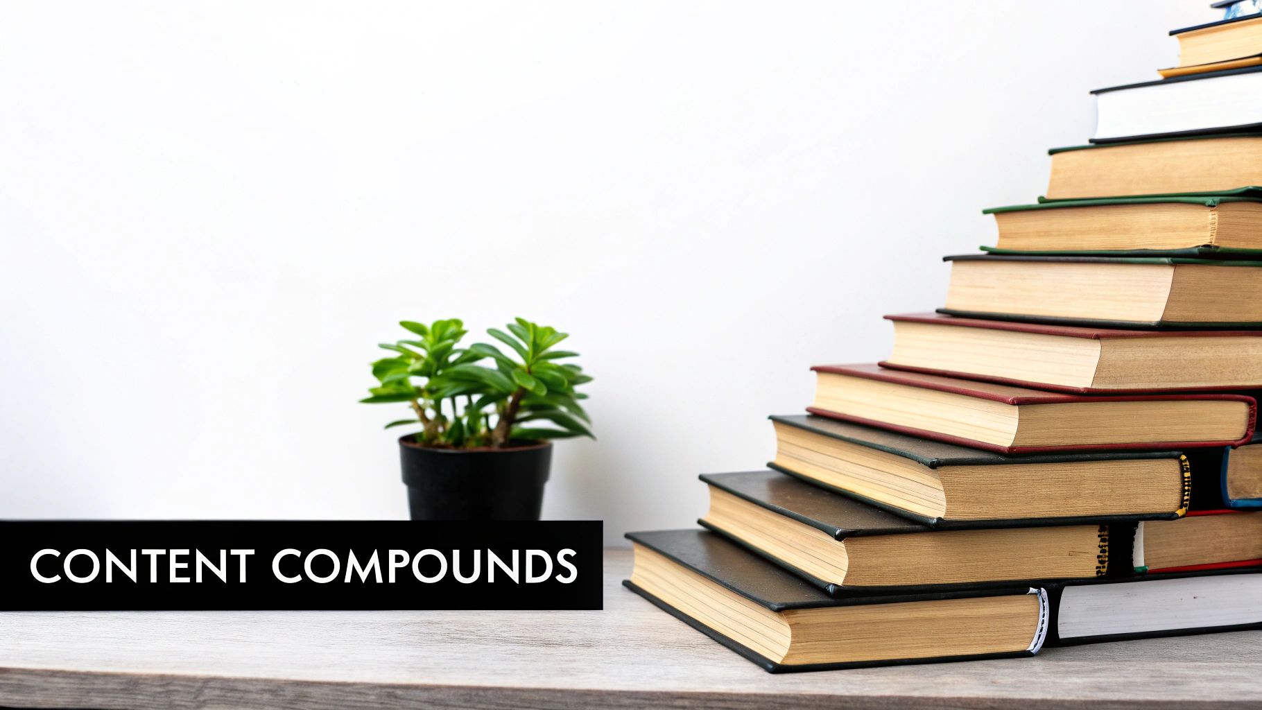 A plant and a black banner with "CONTENT COMPOUNDS" next to a staircase-like stack of books.