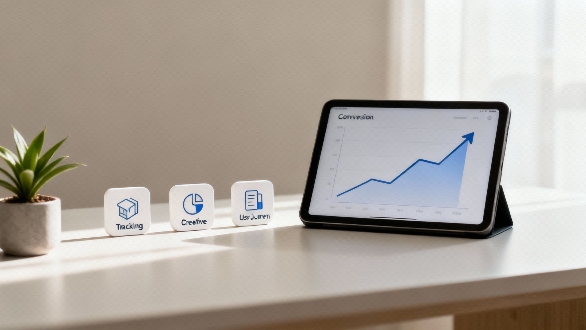 A tablet shows a conversion rate graph with an upward trend, next to cubes for marketing concepts.