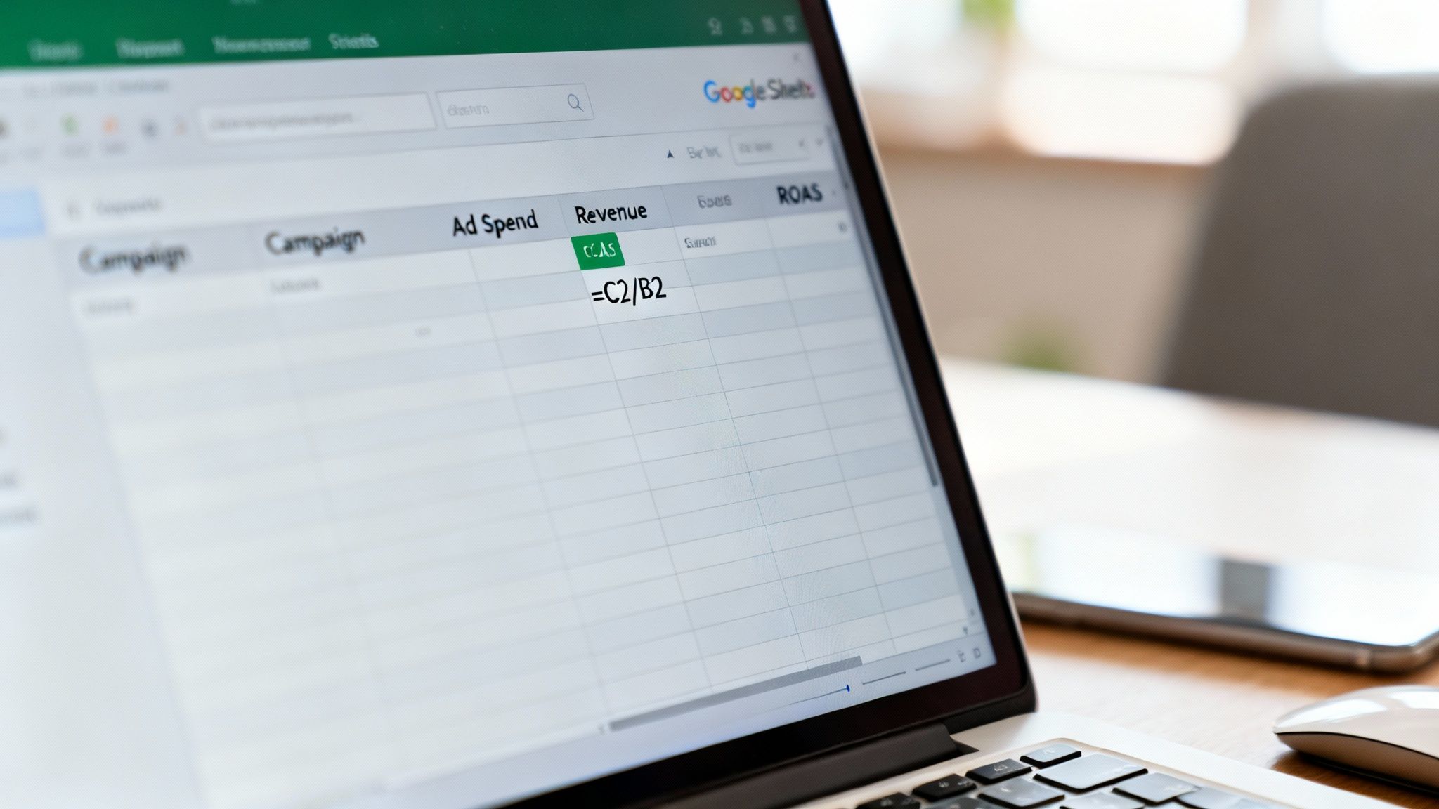 A laptop screen displays Google Sheets showing marketing data and a ROAS calculation formula.