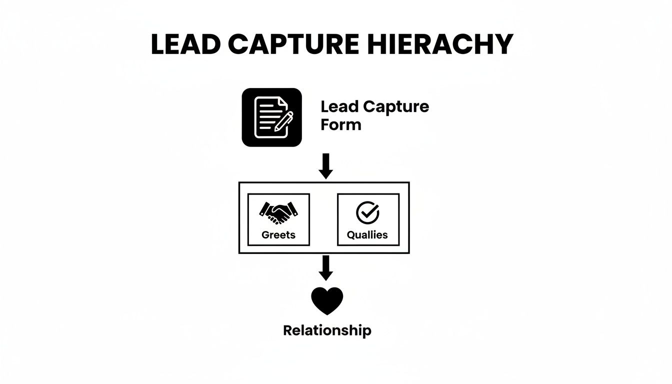 Diagram illustrating the lead capture hierarchy, showing flow from form to greets, qualities, and relationship.
