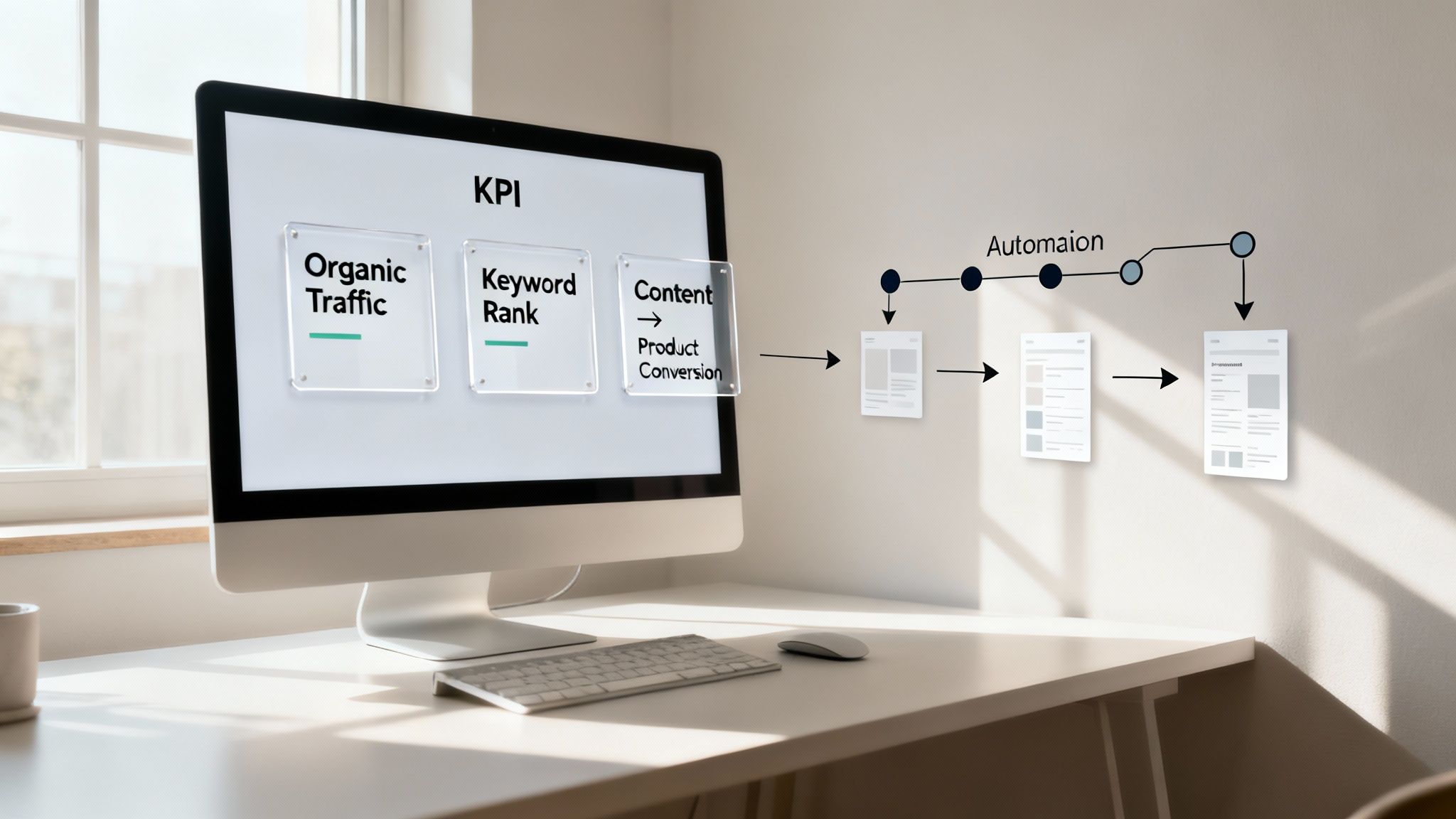 Computer screen displaying SEO KPIs: organic traffic, keyword rank, content conversion, and an automation flowchart.