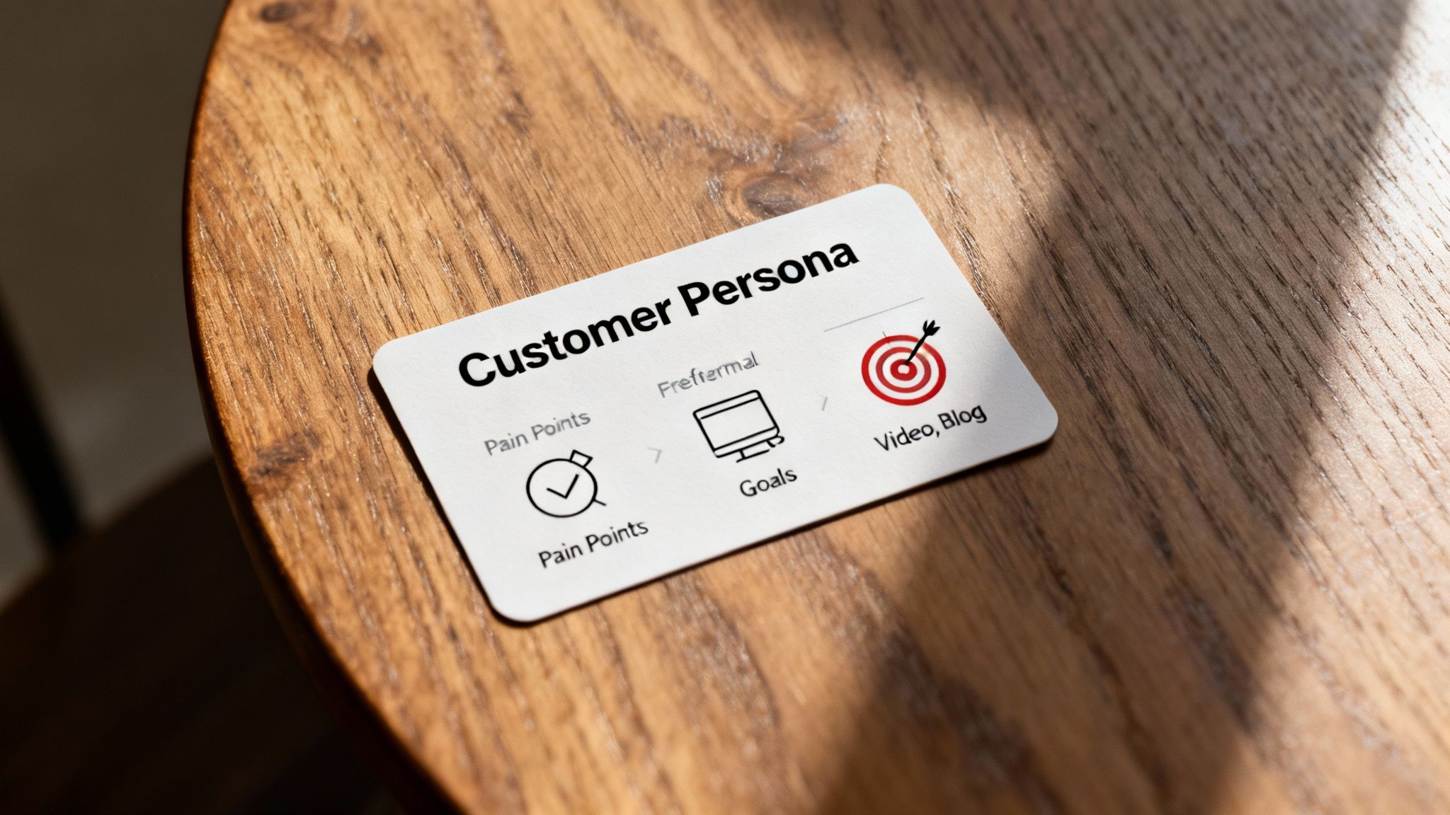 Close-up of a customer persona card on a wooden table detailing pain points, goals, and content strategy.