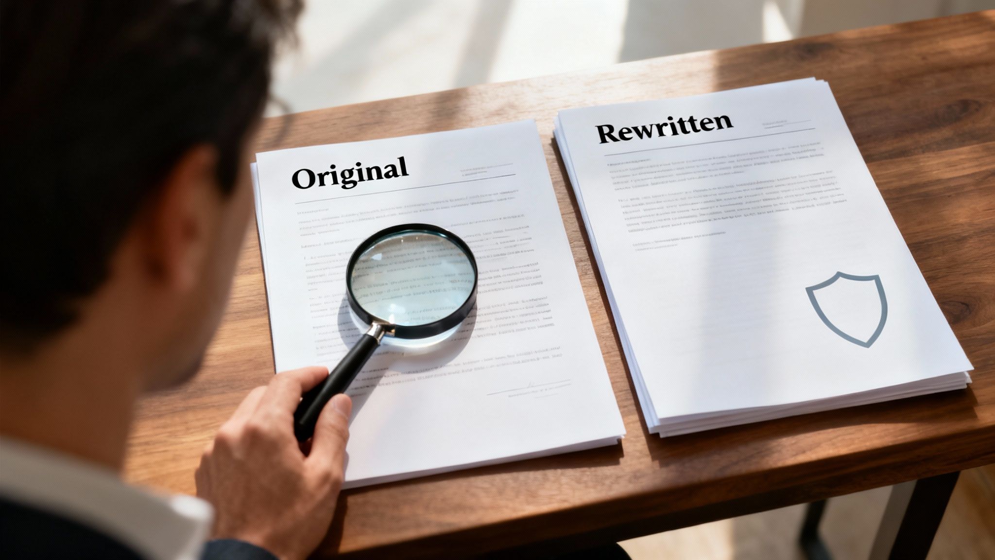 Person examines 'Original' document with a magnifying glass, comparing it to a 'Rewritten' version on a desk.