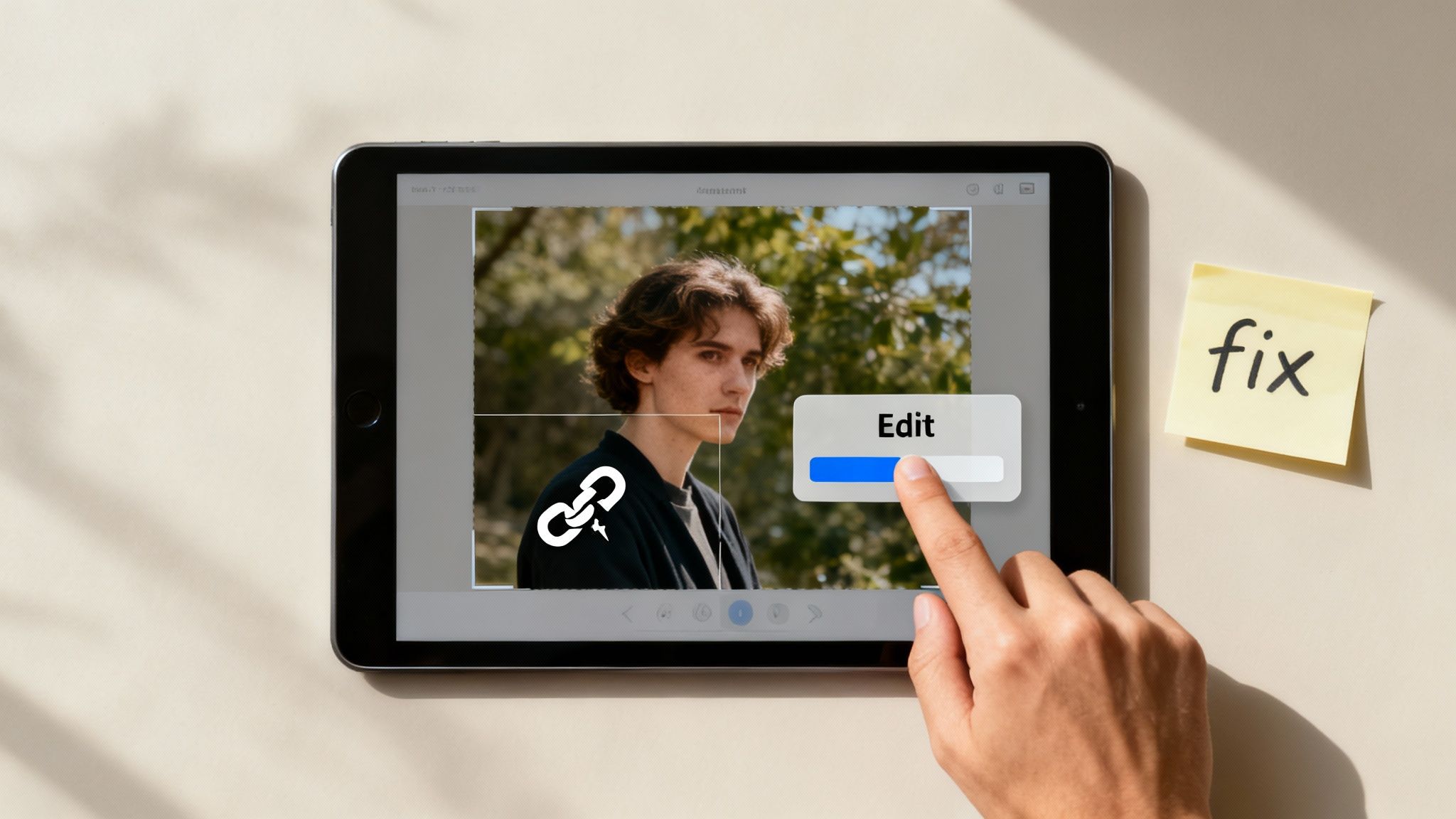 A hand taps an 'Edit' button on a tablet displaying a photo of a young man, beside a 'fix' sticky note.