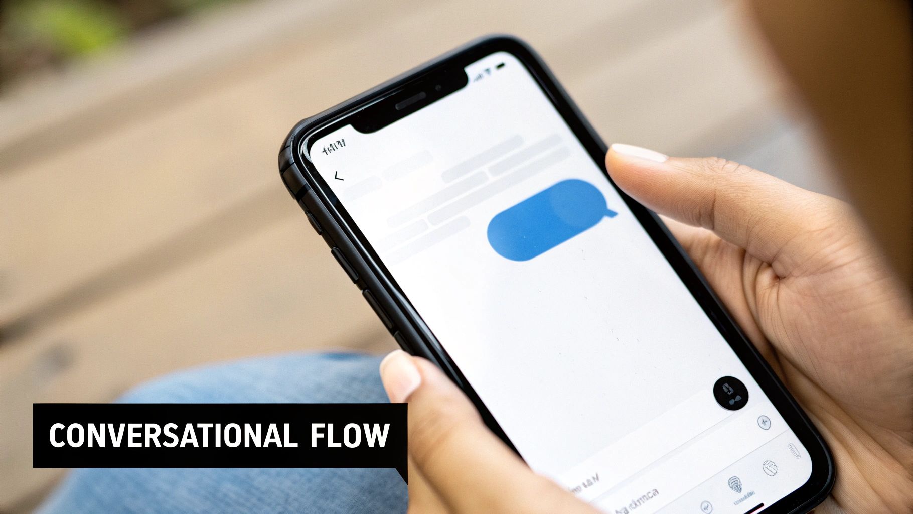 Close-up of hands holding a smartphone displaying a messaging app, with 'Conversational Flow' overlay.