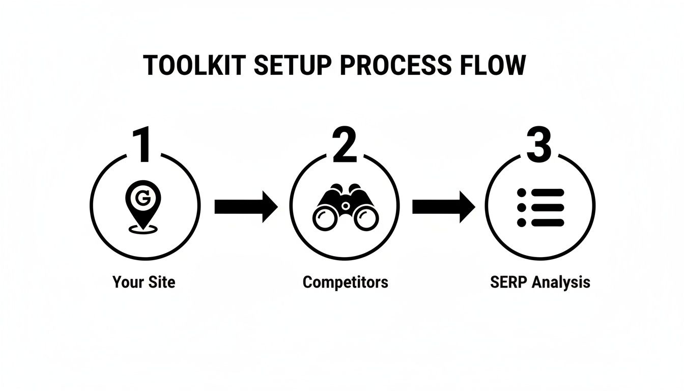 A three-step process flow for SEO toolkit setup: Your Site, Competitors, and SERP Analysis.