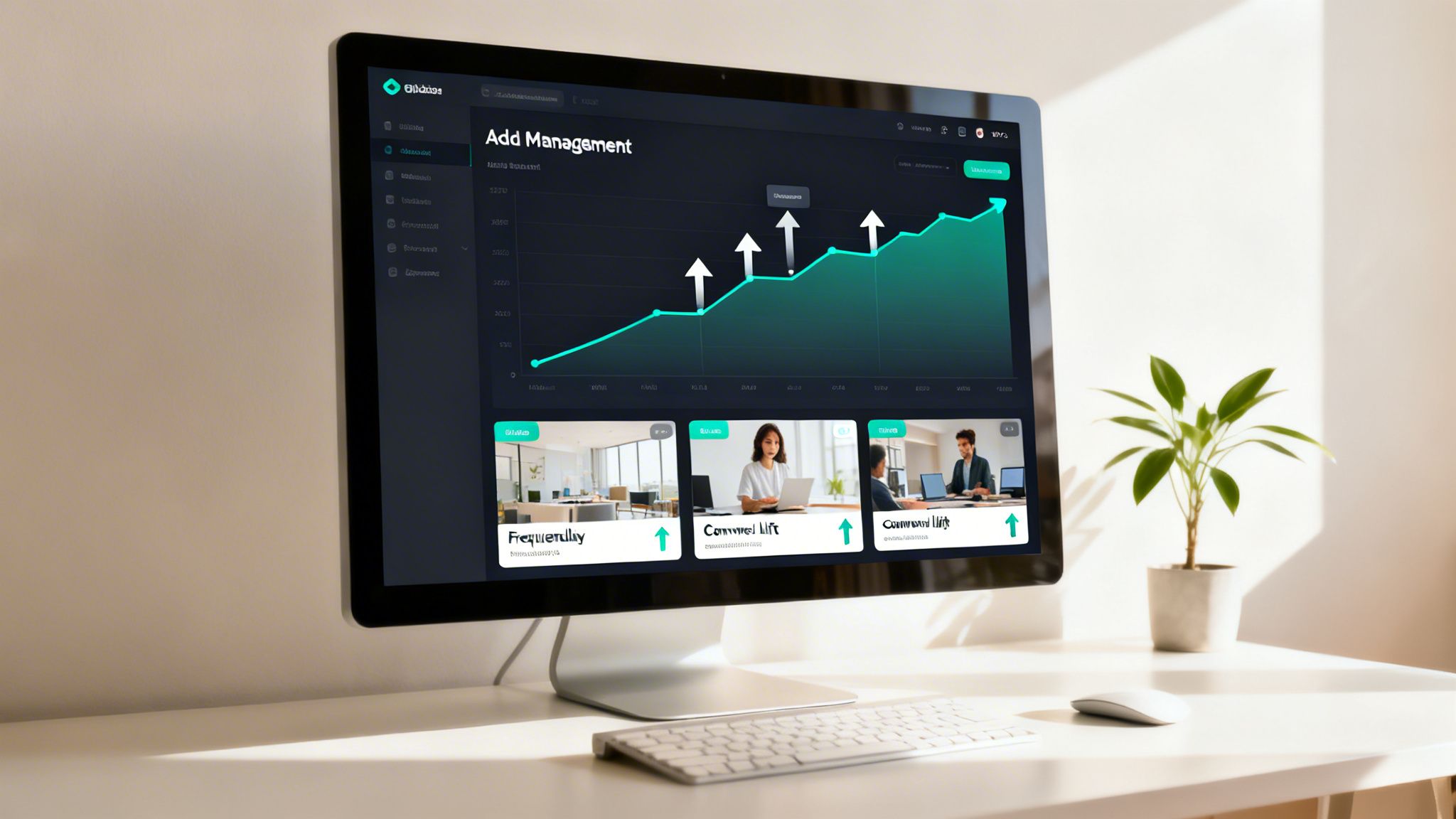 A computer monitor displays a business management dashboard with an upward trending graph.