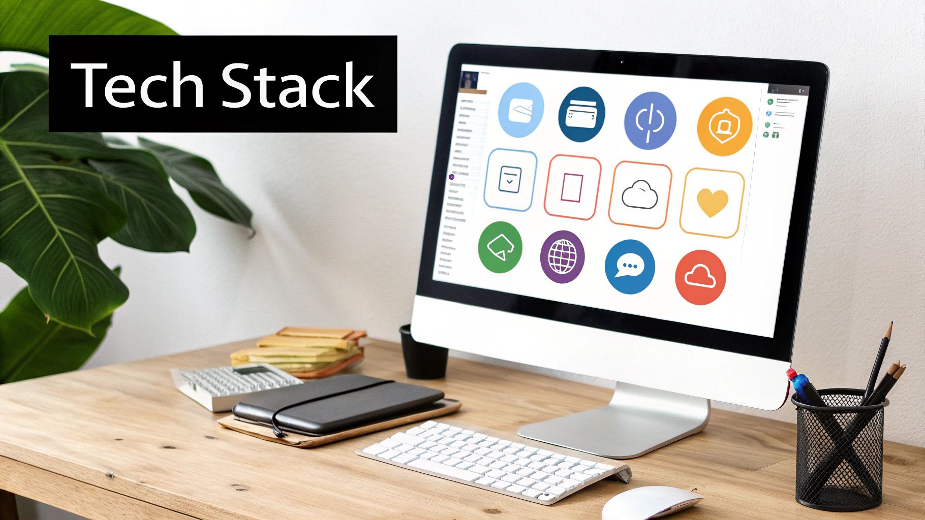 A clean wooden desk with a computer displaying colorful app icons, a keyboard, mouse, and 'Tech Stack' text.
