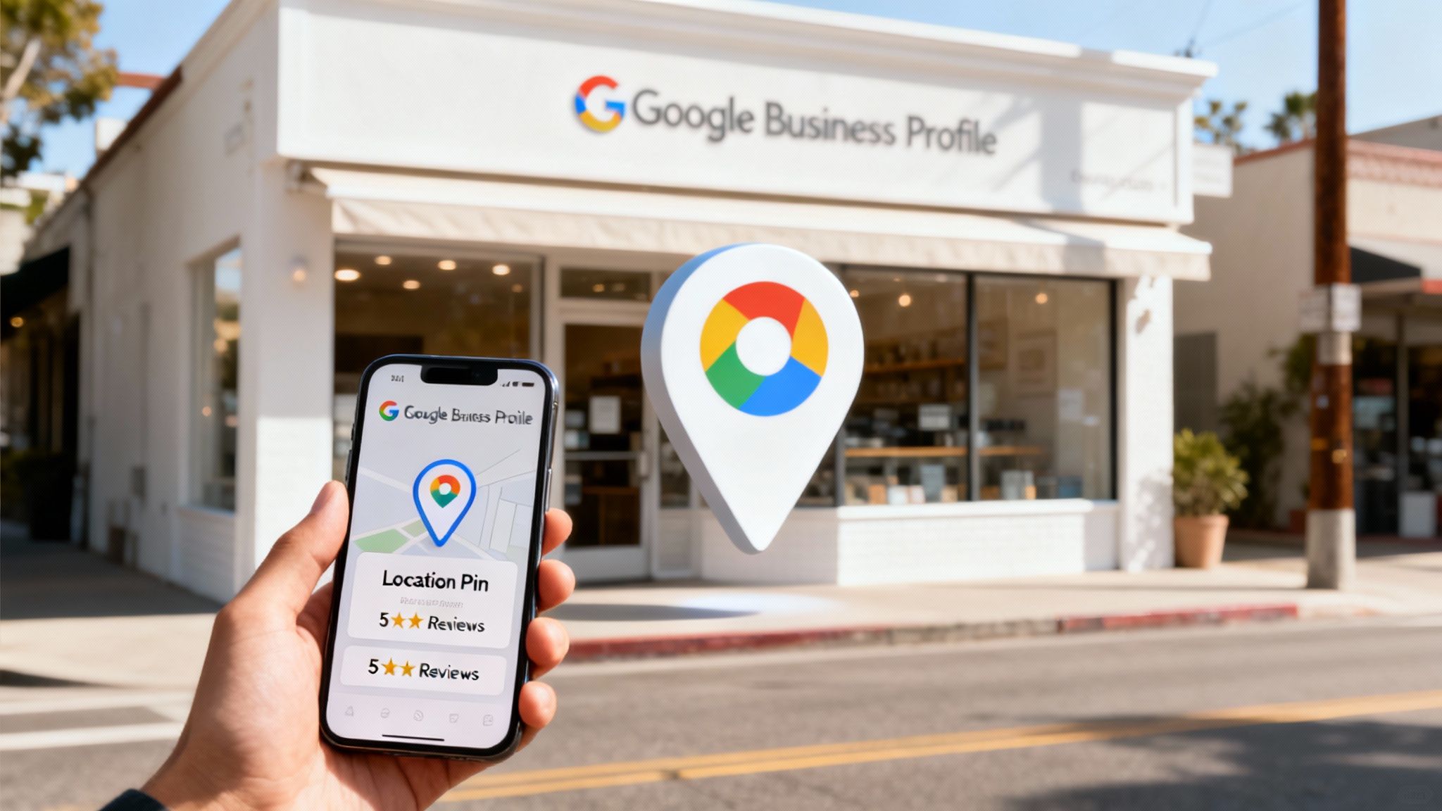 A person holds a phone displaying Google Business Profile with map and reviews, in front of a building with the same Google Business Profile sign.