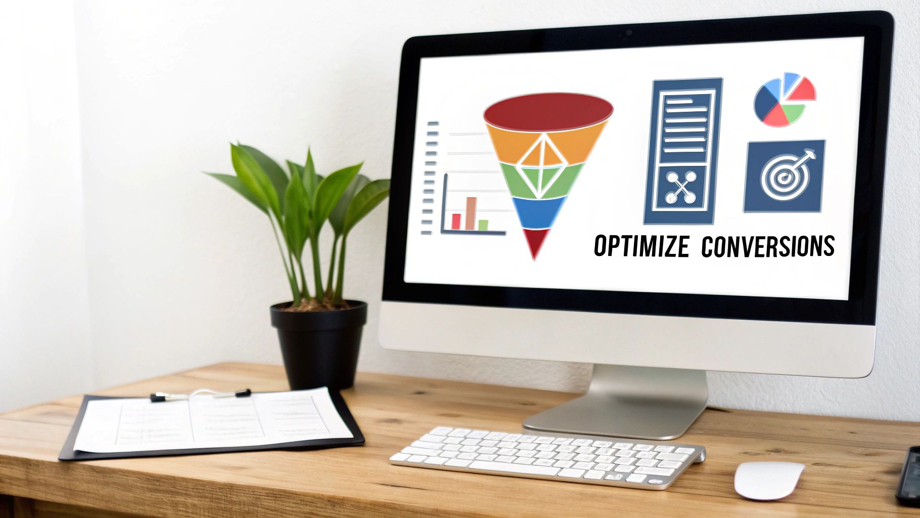 A computer monitor displays 'OPTIMIZE CONVERSIONS' with a sales funnel and analytics charts.