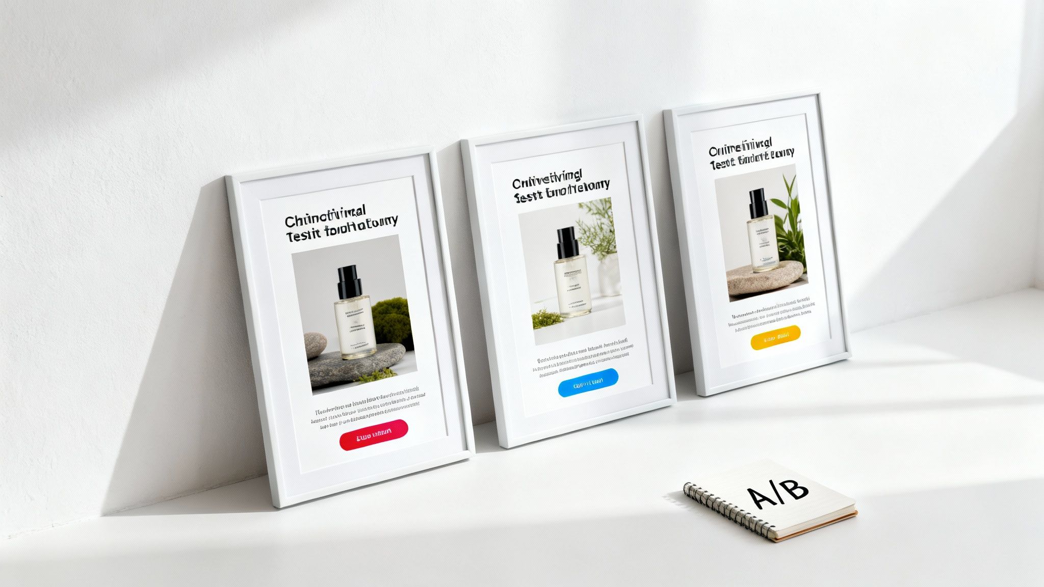A/B testing concept with three framed digital ad mockups displaying product bottles and varying call-to-action buttons.