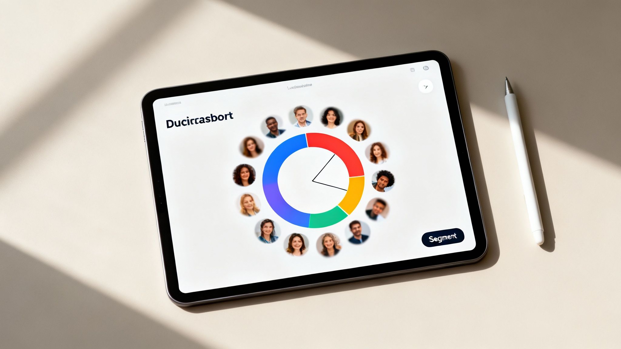 A tablet displays a circular diagram with diverse profile pictures, suggesting a team or segmentation tool.