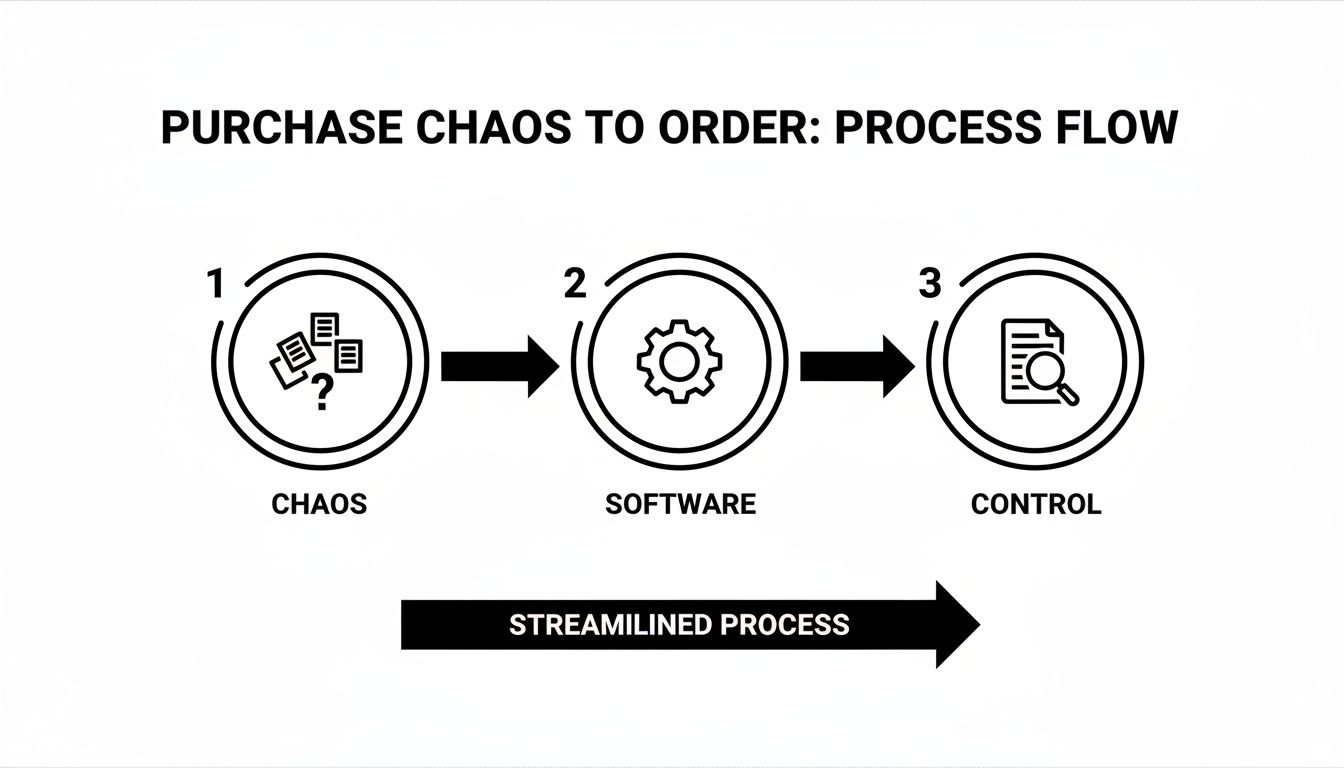 Process flow illustrating the transformation from purchase chaos to control using software for a streamlined process.