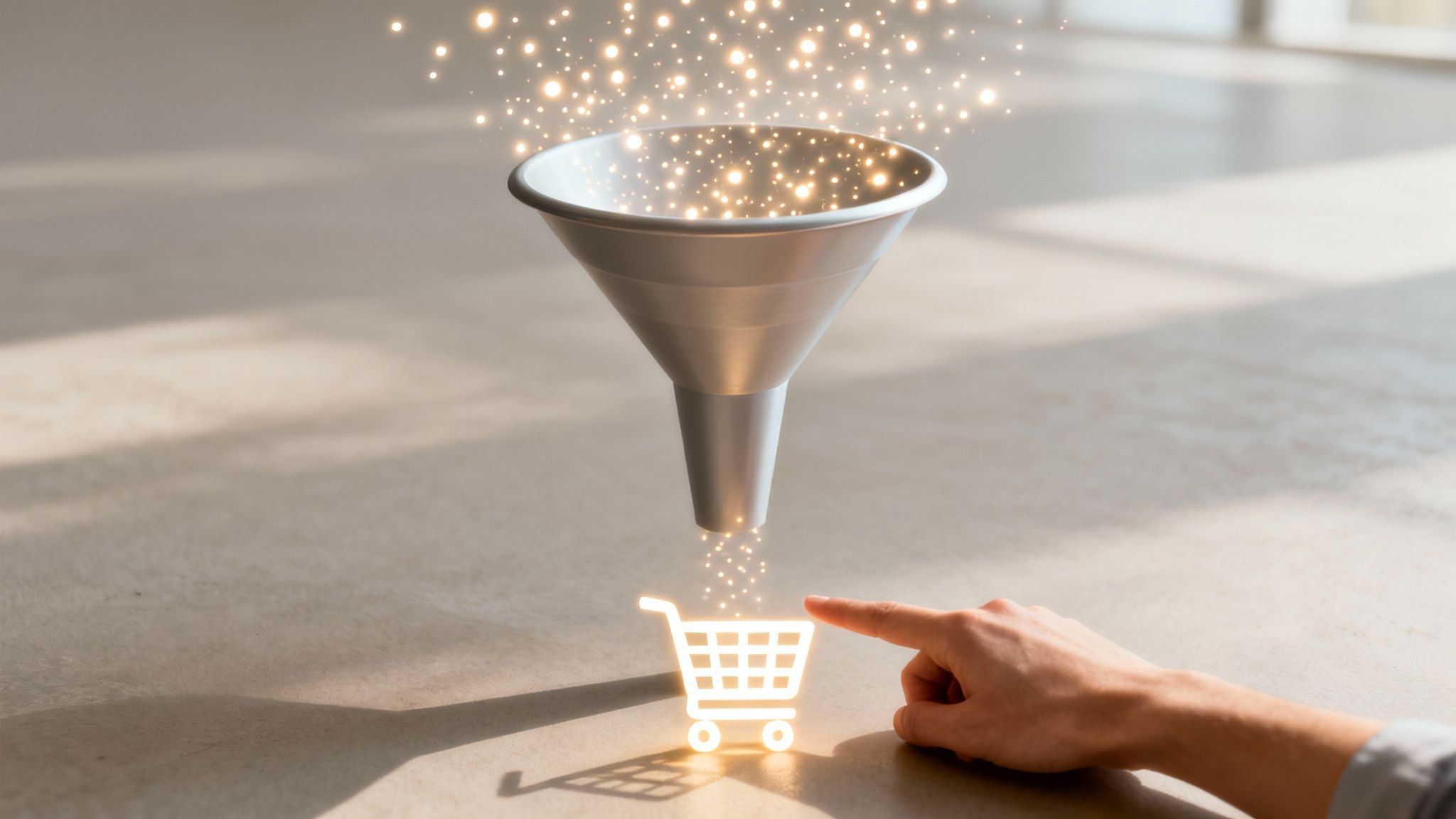 A metal funnel channeling glowing particles into a shopping cart icon, with a hand pointing.