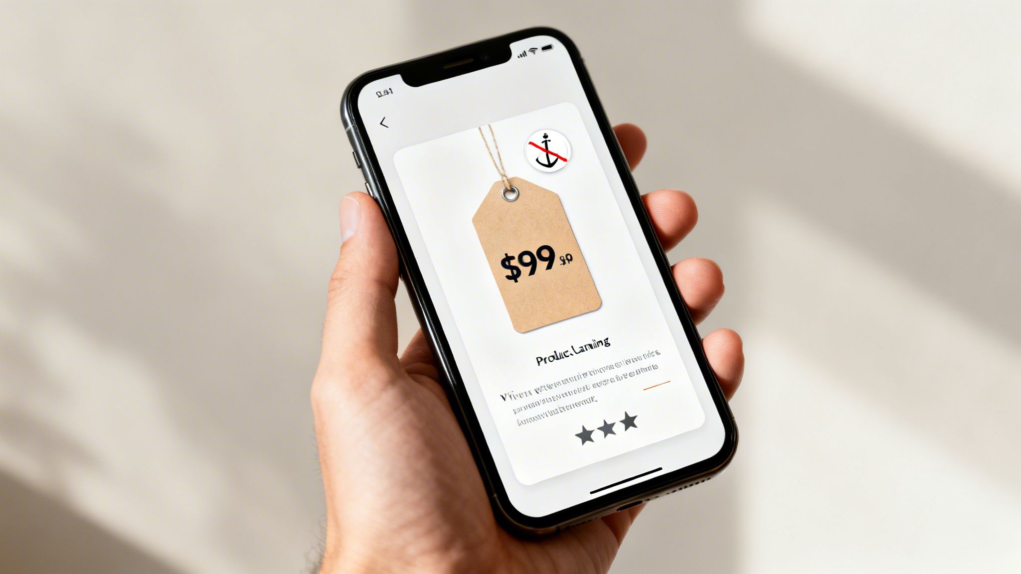 A hand holds a smartphone displaying a product page with a price tag of $99.99 and three stars.