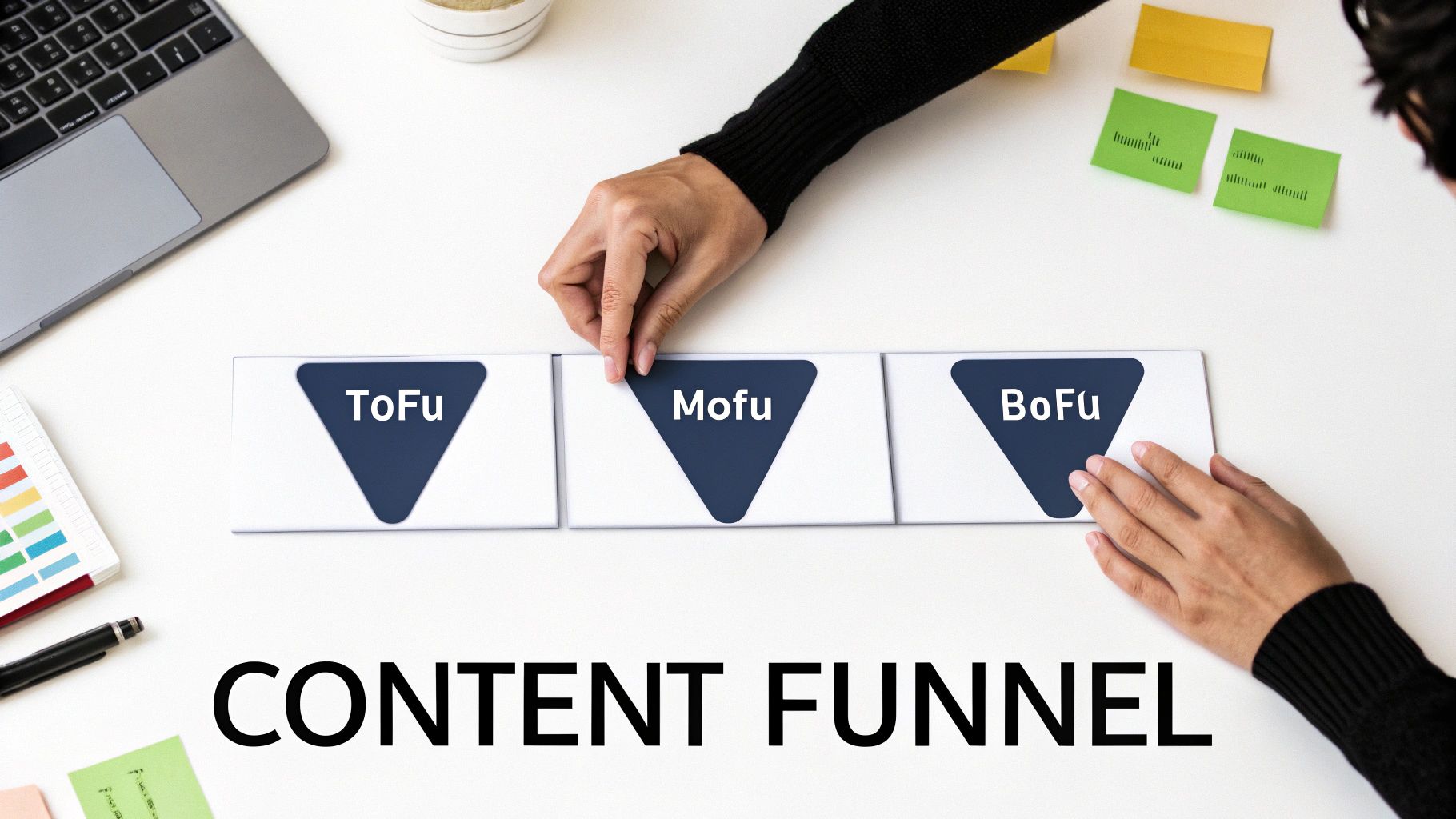 A content marketing funnel illustration with "ToFu," "MoFu," "BoFu" stages on a desk.