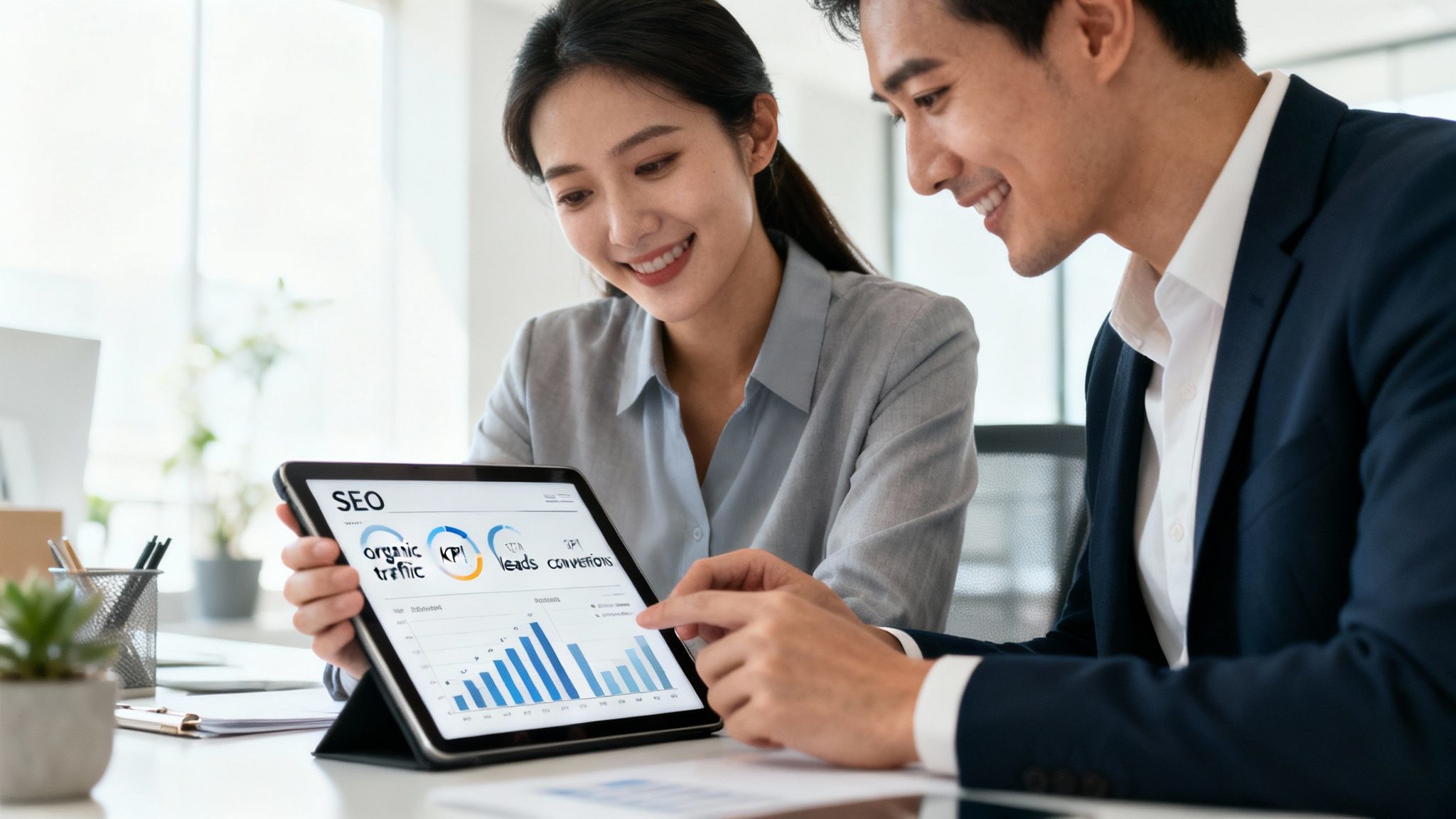 Two smiling professionals analyze SEO data and performance metrics on a digital tablet in an office.