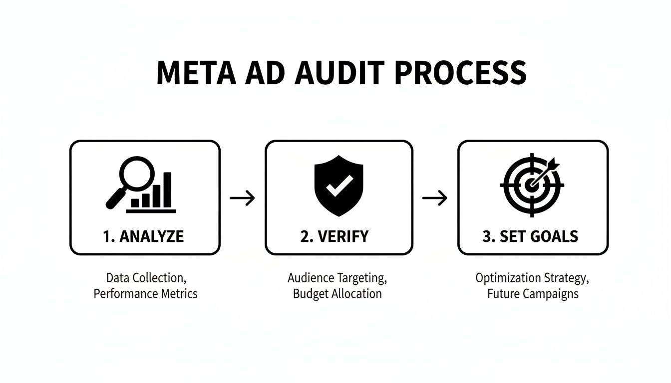 A diagram outlining the Meta Ad Audit Process with steps: Analyze, Verify, and Set Goals.
