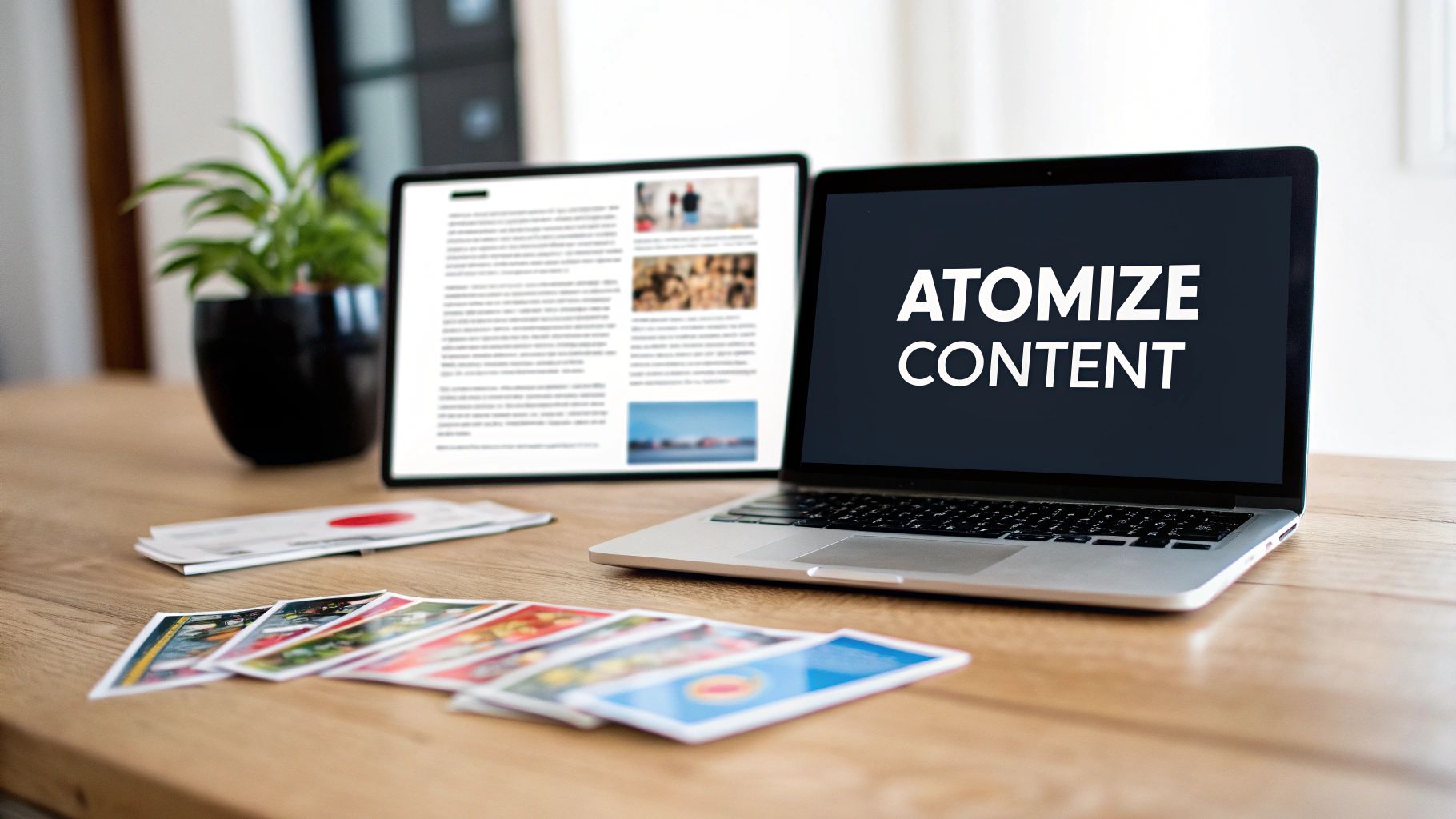 A laptop displaying 'ATOMIZE CONTENT' and a tablet showing an article on a wooden desk.
