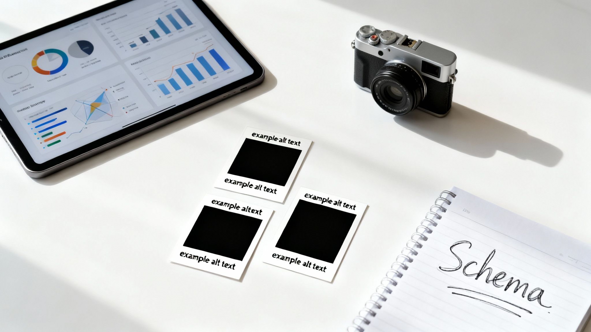 A flat lay of a workspace with a tablet displaying charts, a camera, 'example alt text' photos, and a 'Schema' notebook.