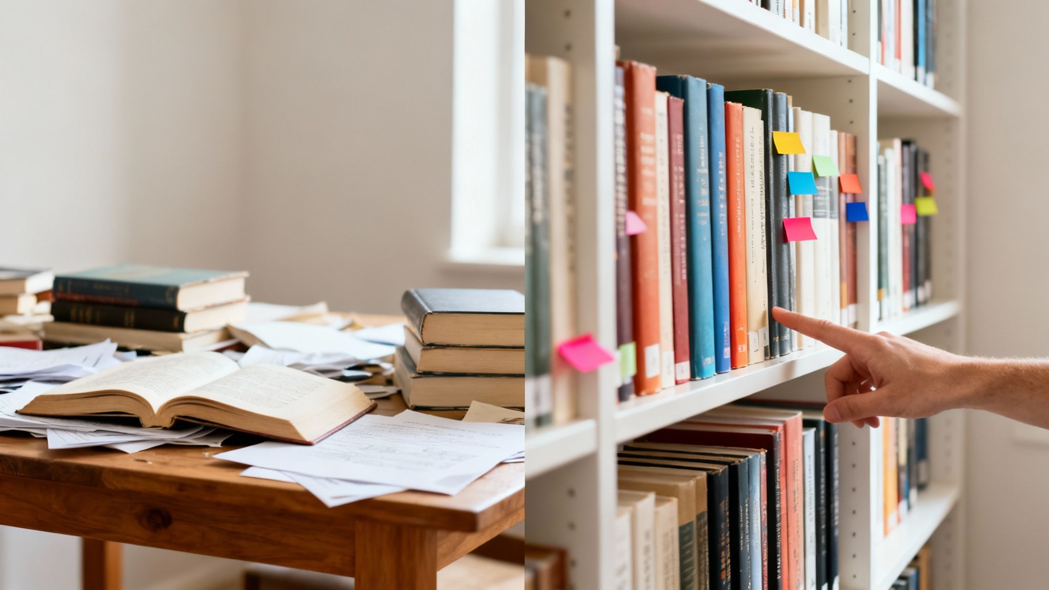 A cluttered study desk with an open book and papers, alongside a hand pointing at a book on a library shelf.